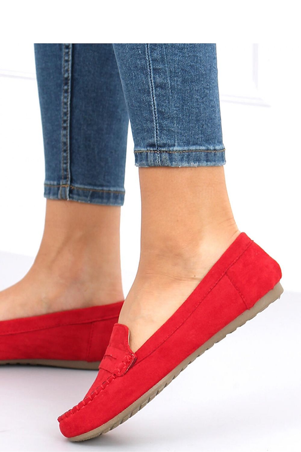 Red Suede Penny Loafers – Women's Round Toe with Contrast Whipstitch Detailing