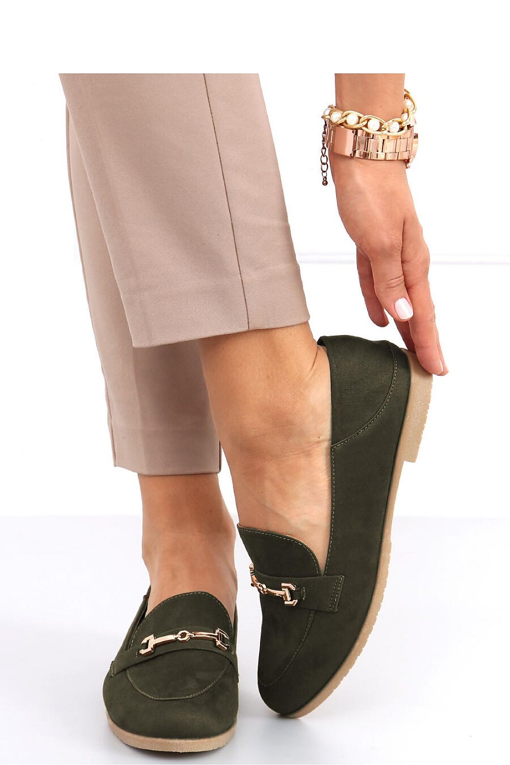 Olive Green Vegan Suede Loafers – Women's Almond Toe with Metal Bit Accent