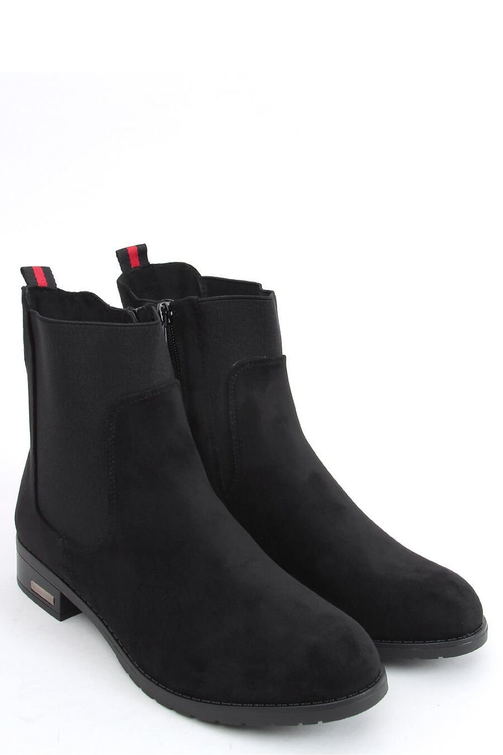Black Vegan Suede Chelsea Boots with Red Racing Stripe and Gold Accent Heel