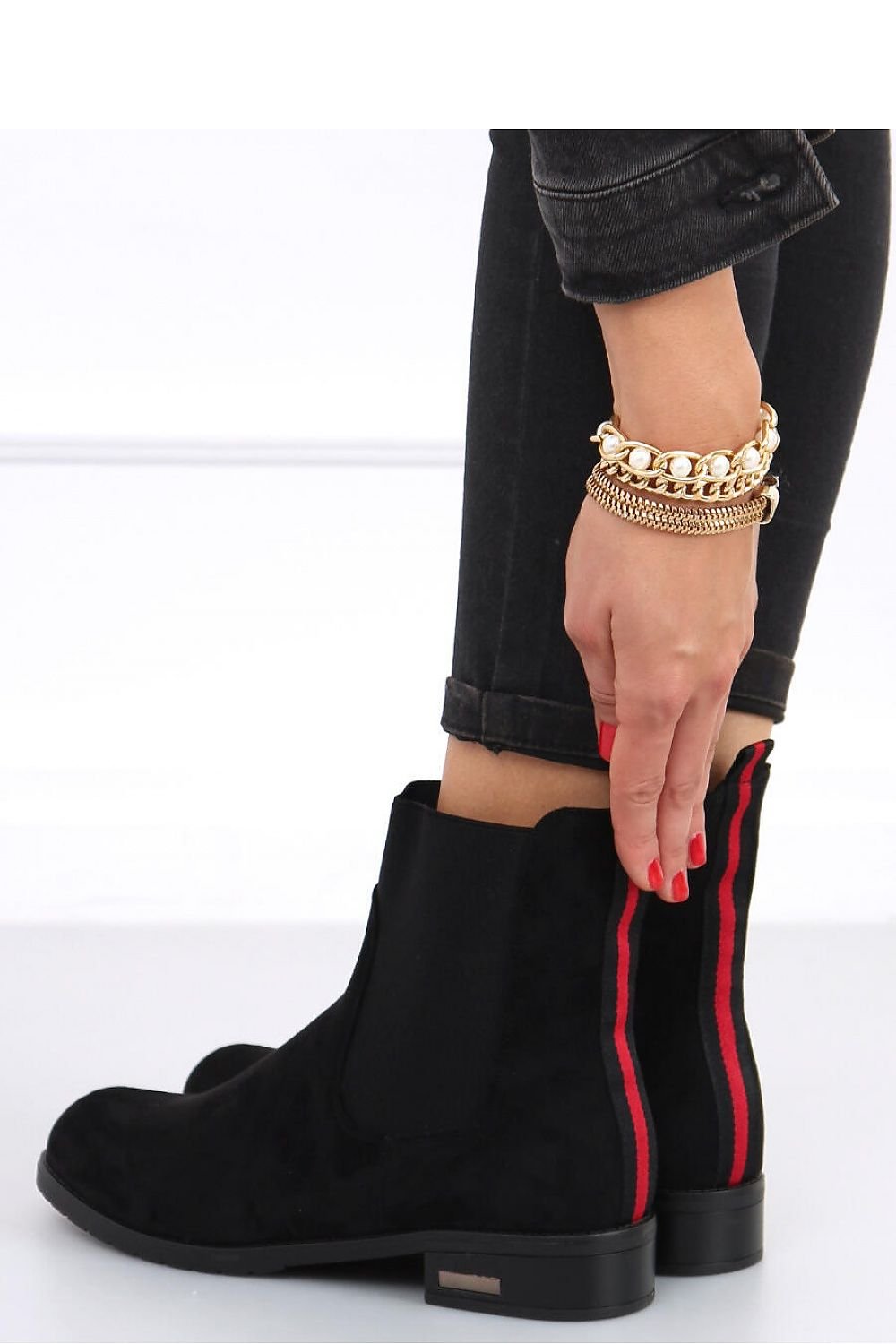 Black Vegan Suede Chelsea Boots with Red Racing Stripe and Gold Accent Heel