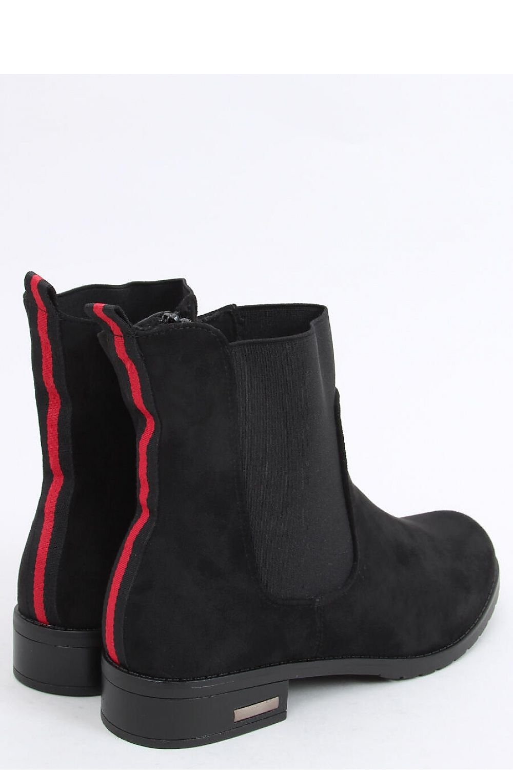 Black Vegan Suede Chelsea Boots with Red Racing Stripe and Gold Accent Heel
