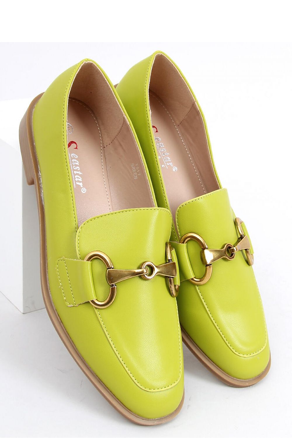 Lime Green Eco-Leather Low-Heel Womens Loafers Gold Horsebit Detail Almond Toe