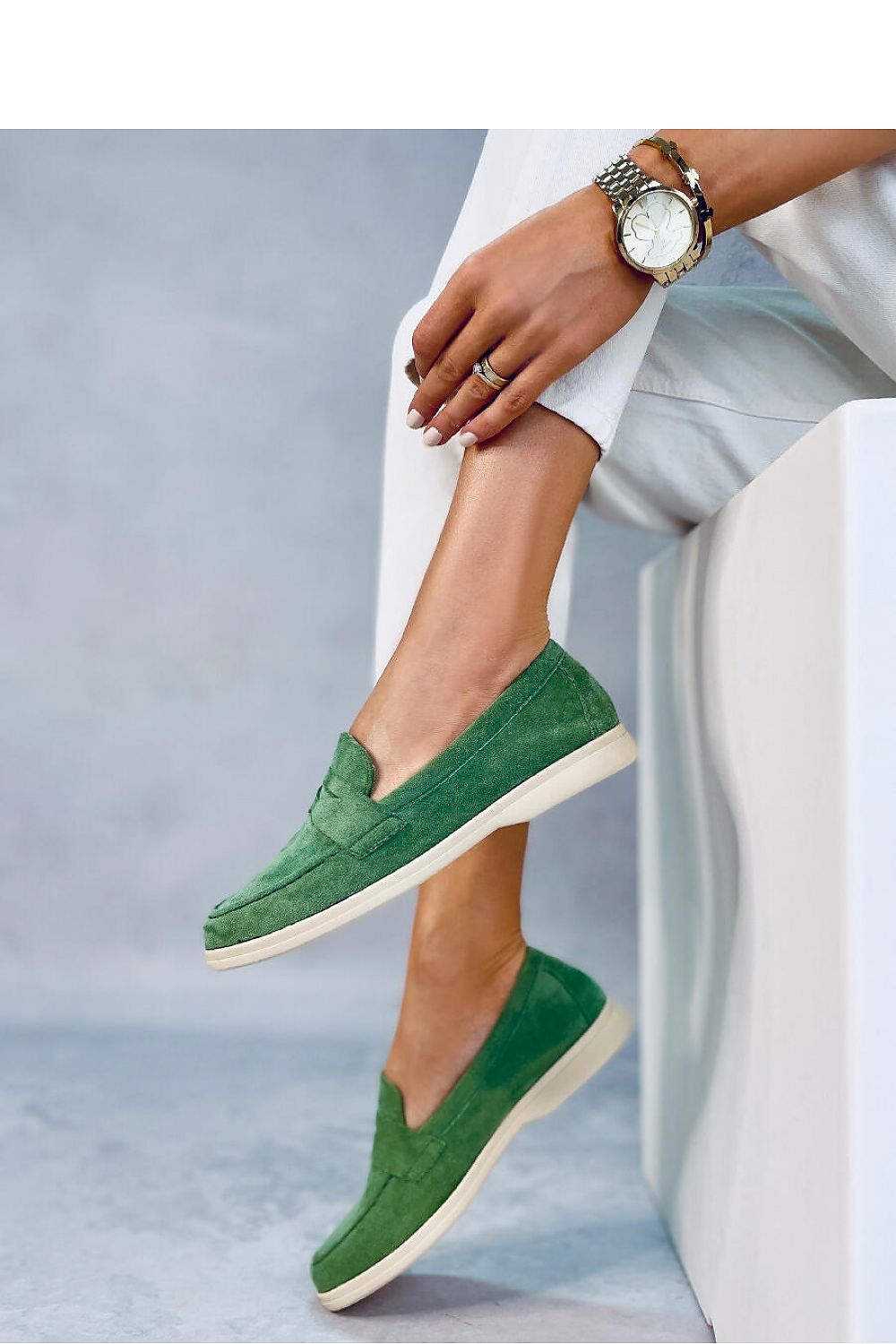 Sage Green Eco-Suede Penny Loafers with Lightweight Cream Sole LUNESCAPE