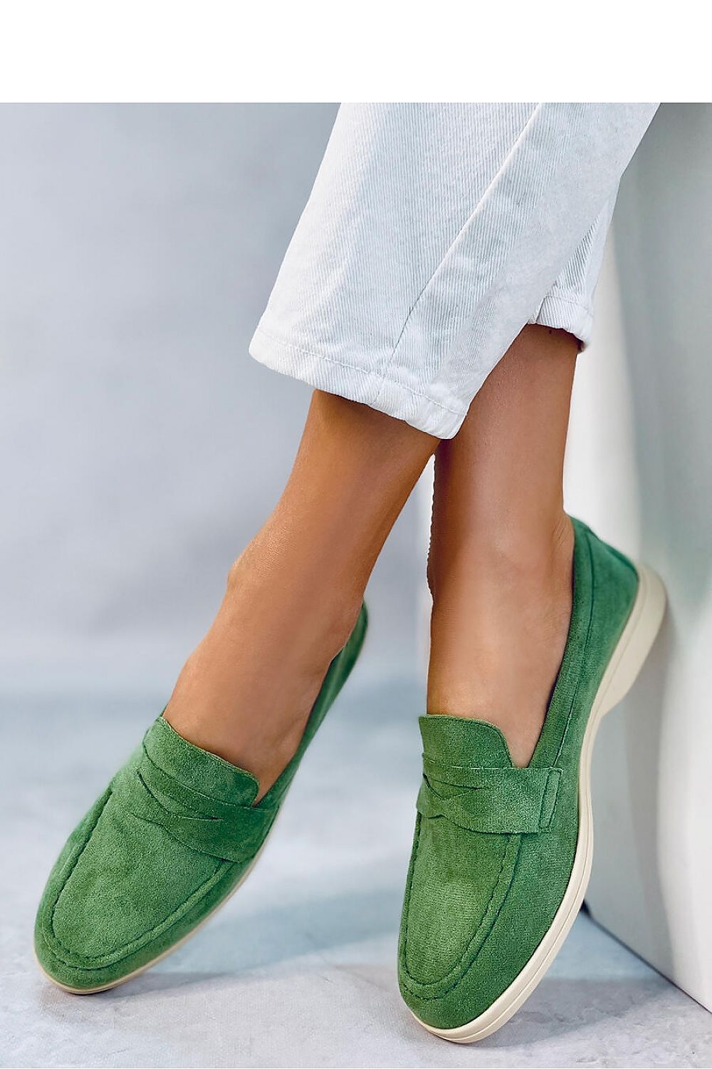Sage Green Eco-Suede Penny Loafers with Lightweight Cream Sole LUNESCAPE