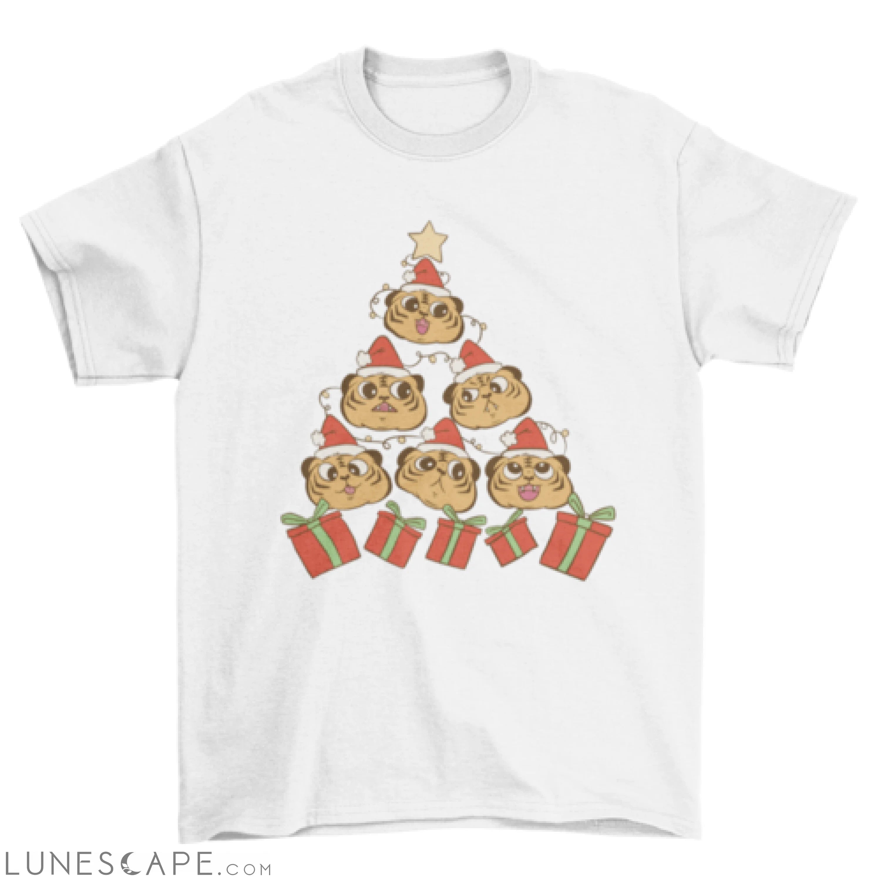 Cute tigers with Santa Claus hats making Xmas tree holiday t-shirt LUNESCAPE