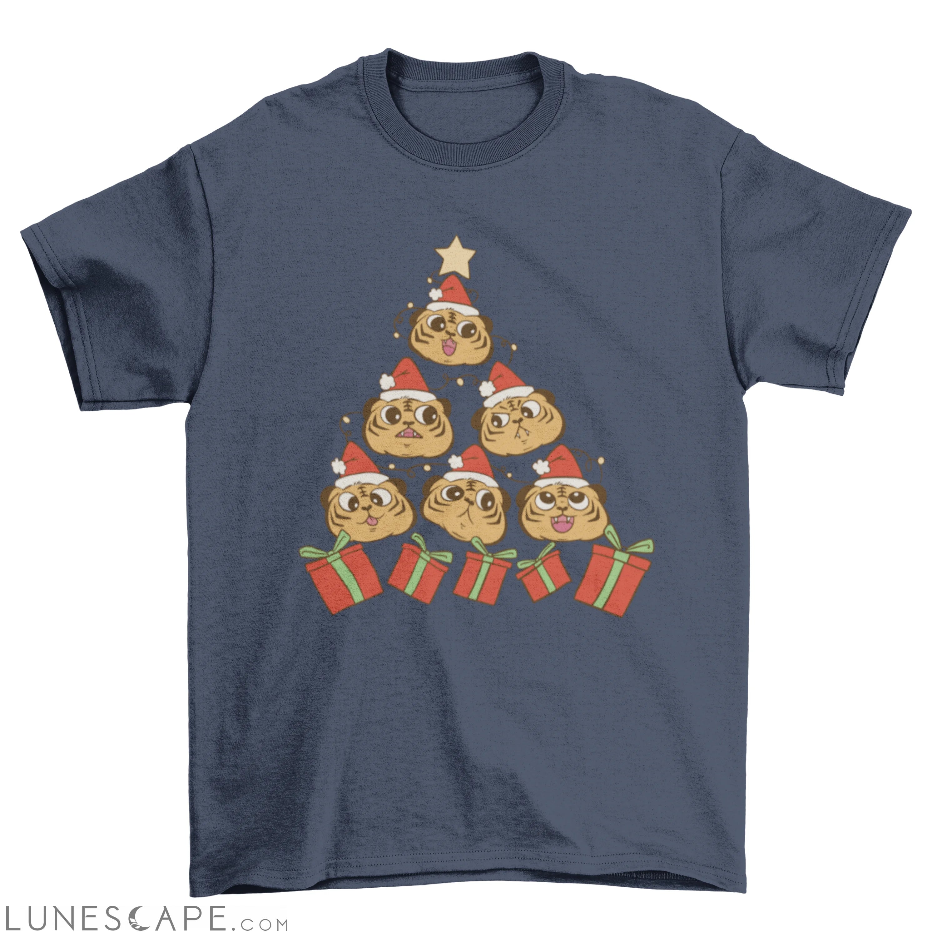 Cute tigers with Santa Claus hats making Xmas tree holiday t-shirt LUNESCAPE