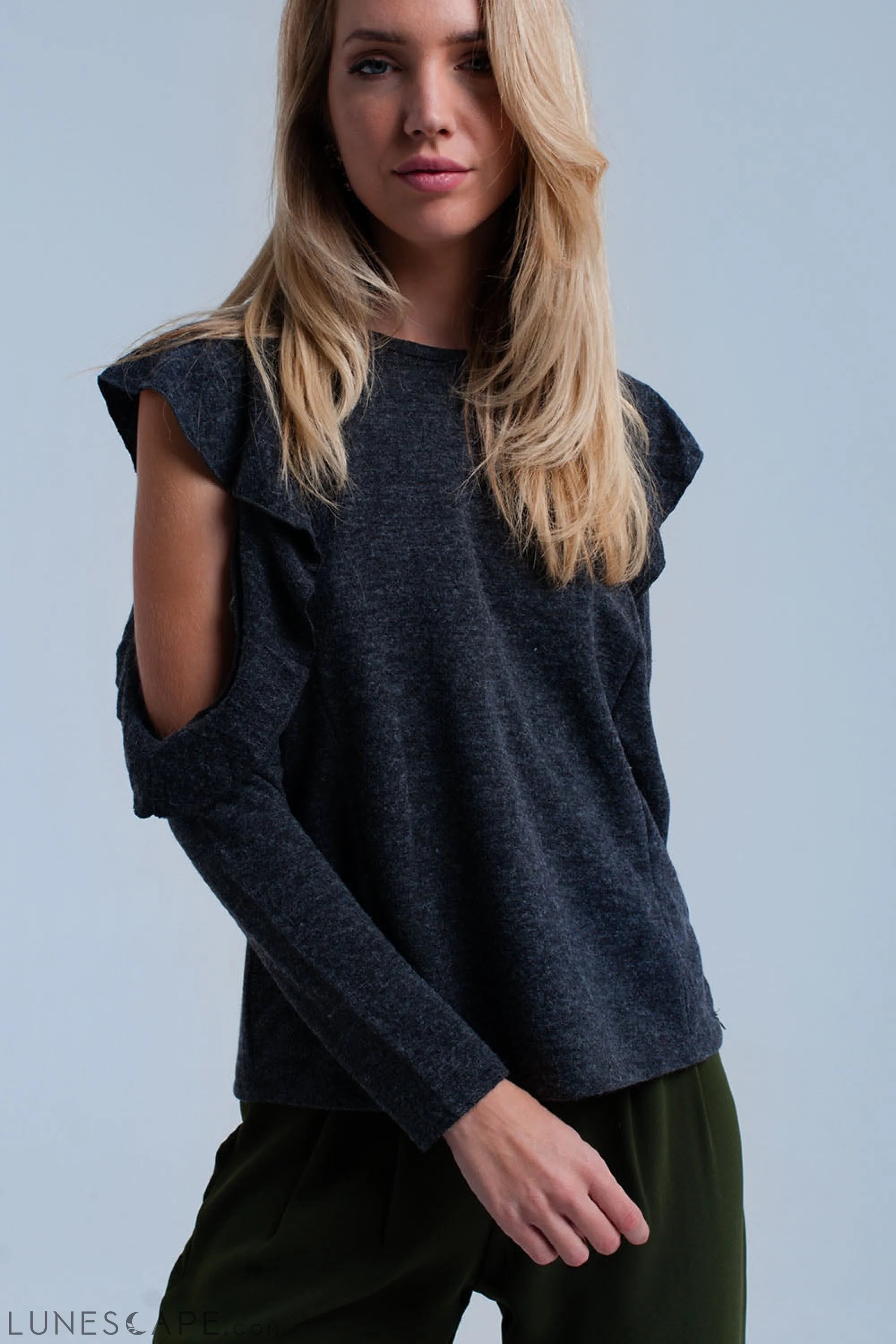 Dark Gray Top With Ruffle and Open Detail LUNESCAPE