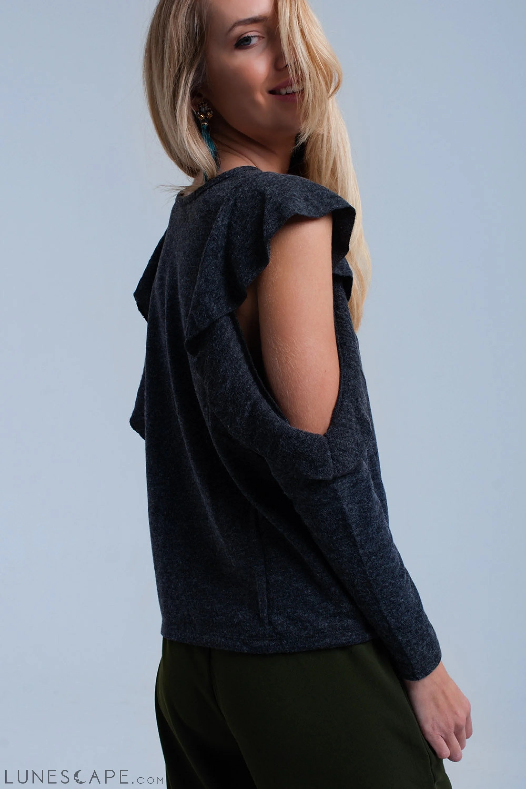 Dark Gray Top With Ruffle and Open Detail LUNESCAPE