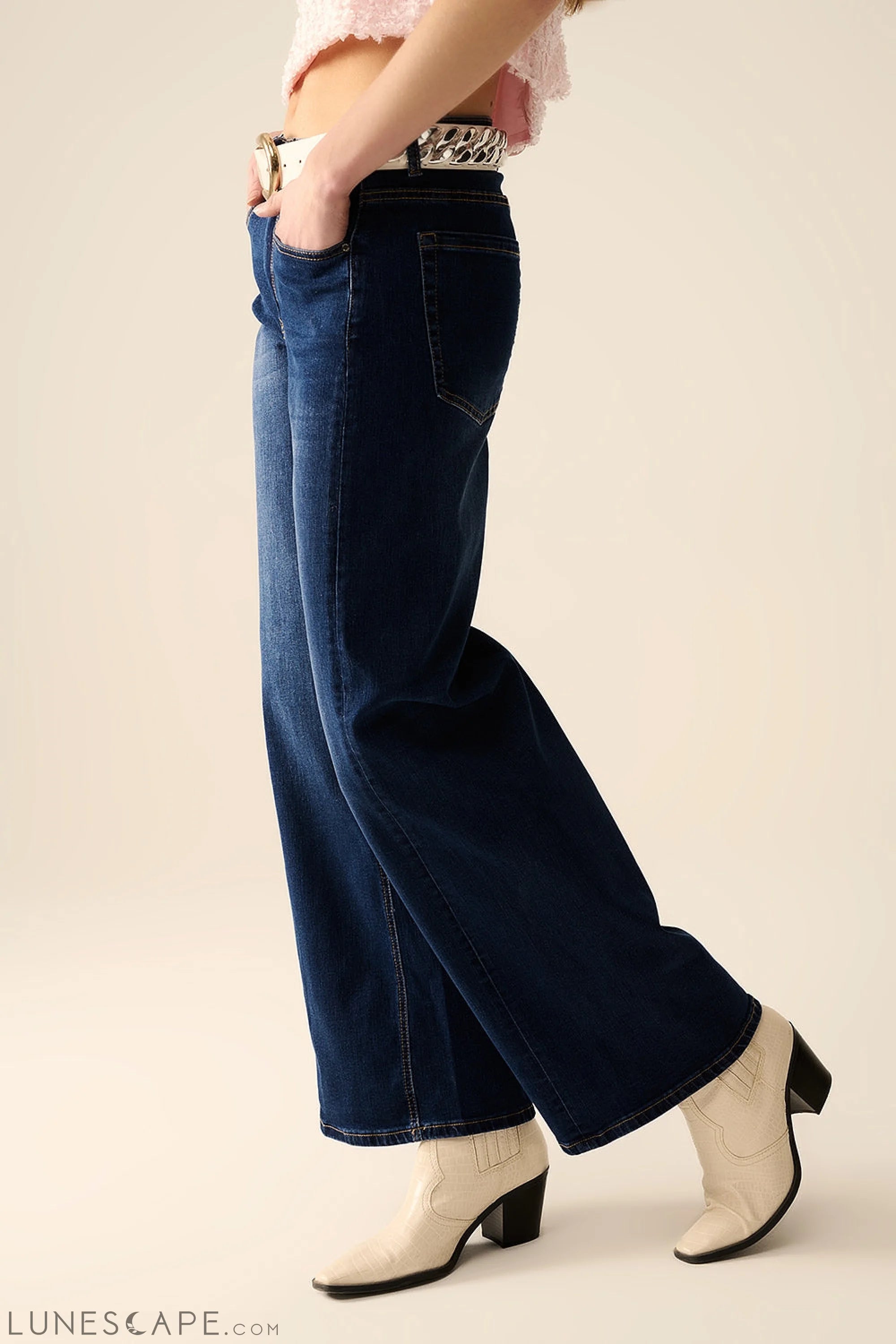 Dark Wash Wide Leg Stretch Denim Jeans LUNESCAPE