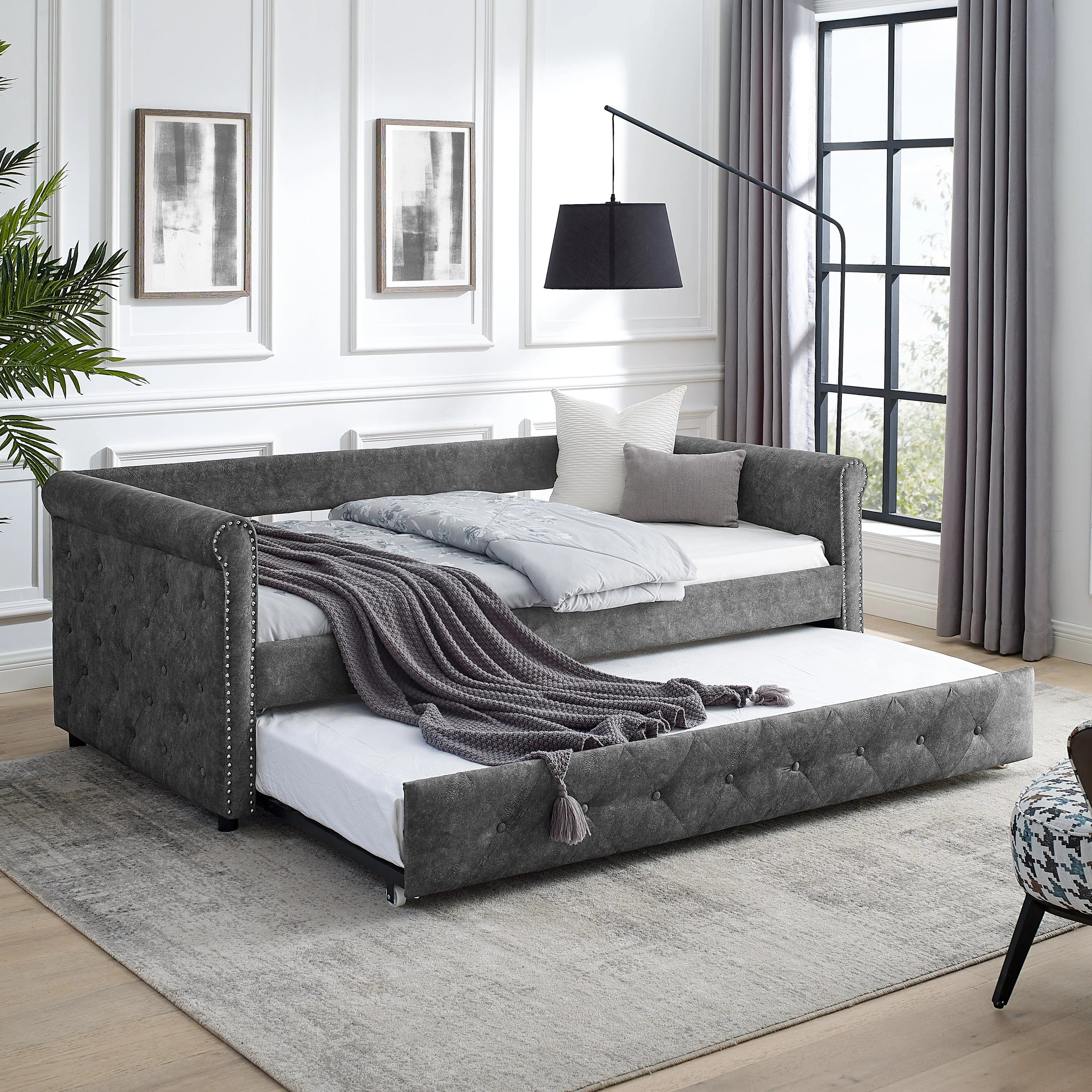 Daybed with Trundle Upholstered Tufted Sofa Bed,with Button and Copper LUNESCAPE