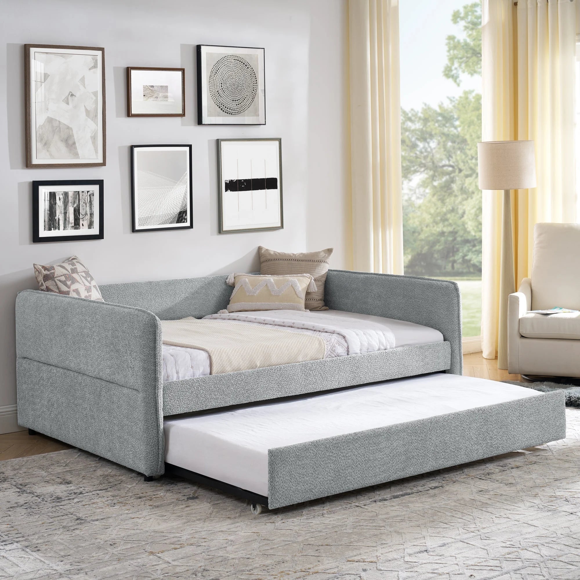 Daybed with Trundle Upholstered Tufted Sofa Bed, Full Size, Boucle LUNESCAPE
