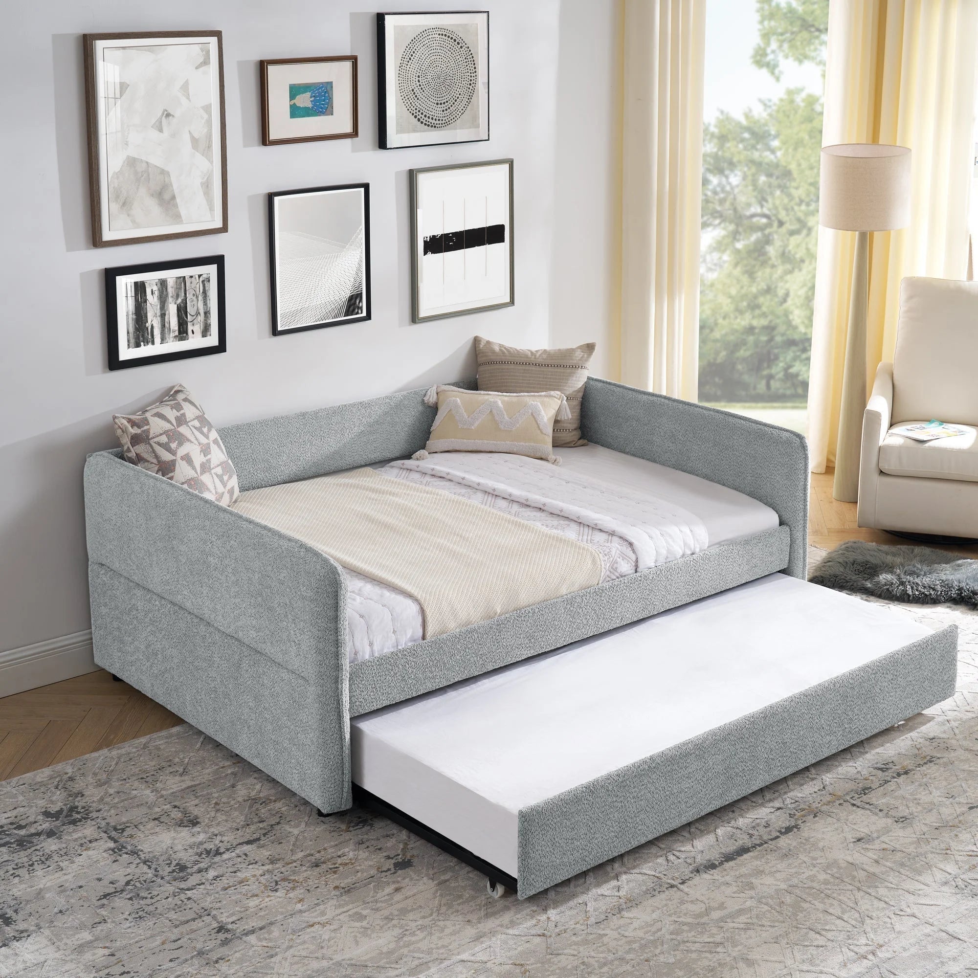 Daybed with Trundle Upholstered Tufted Sofa Bed, Full Size, Boucle LUNESCAPE