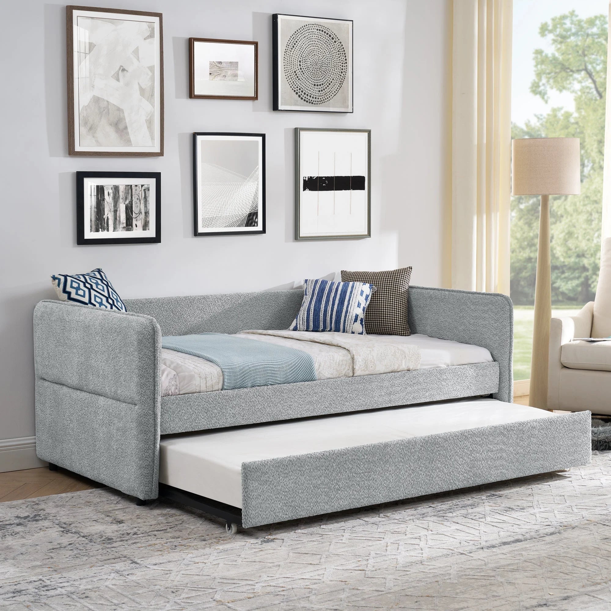 Daybed with Trundle Upholstered Tufted Sofa Bed, Twin Size, Boucle LUNESCAPE