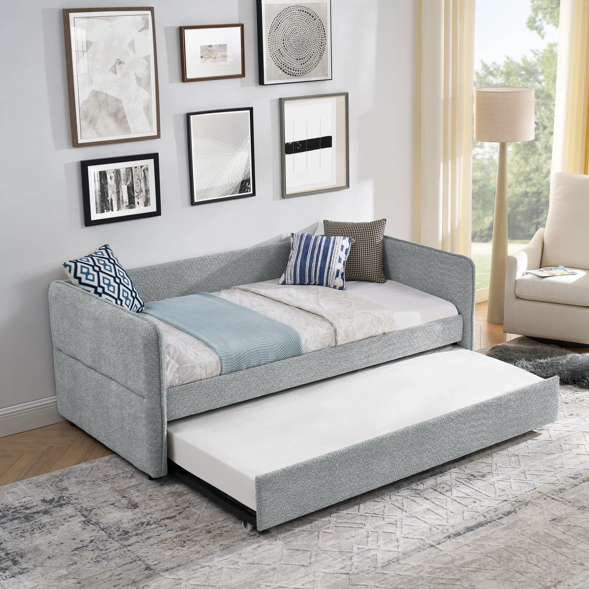 Daybed with Trundle Upholstered Tufted Sofa Bed, Twin Size, Boucle LUNESCAPE