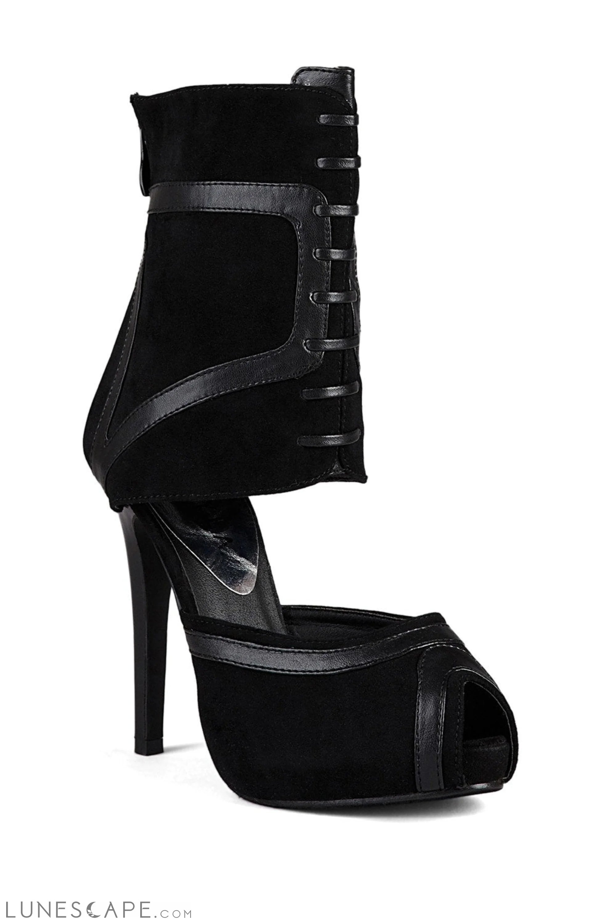 DEVIOUS Lace Up High Heel Open Toe Black Ankle Boot LUNESCAPE