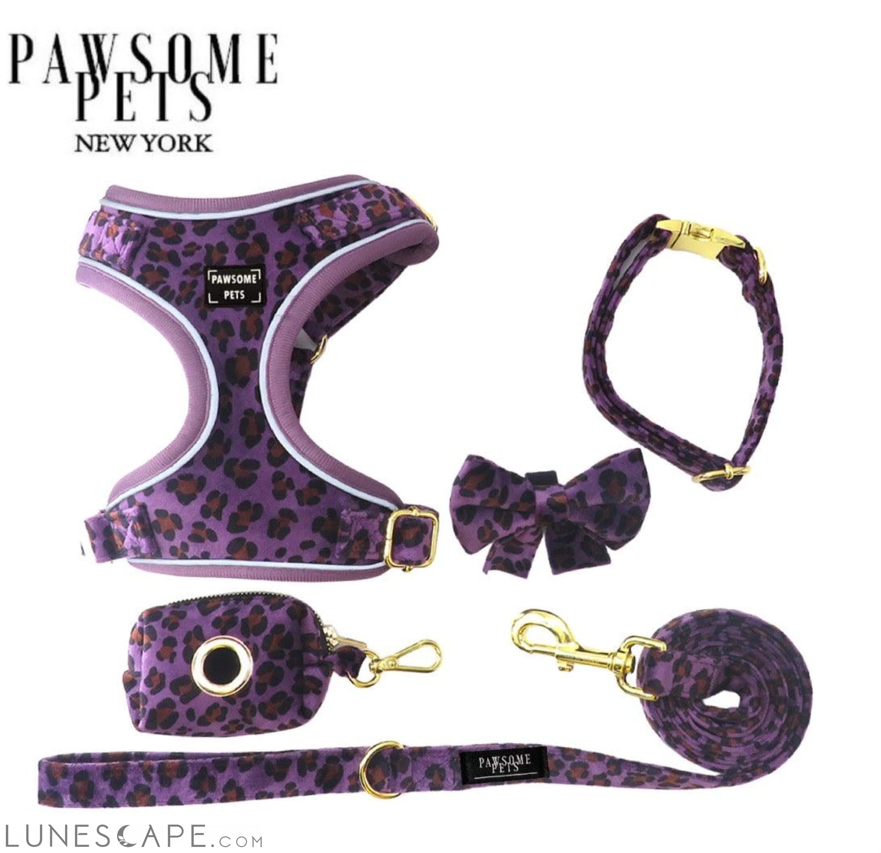 Dog Harness, Leash & Bandana Bundle - Purple Leopard LUNESCAPE