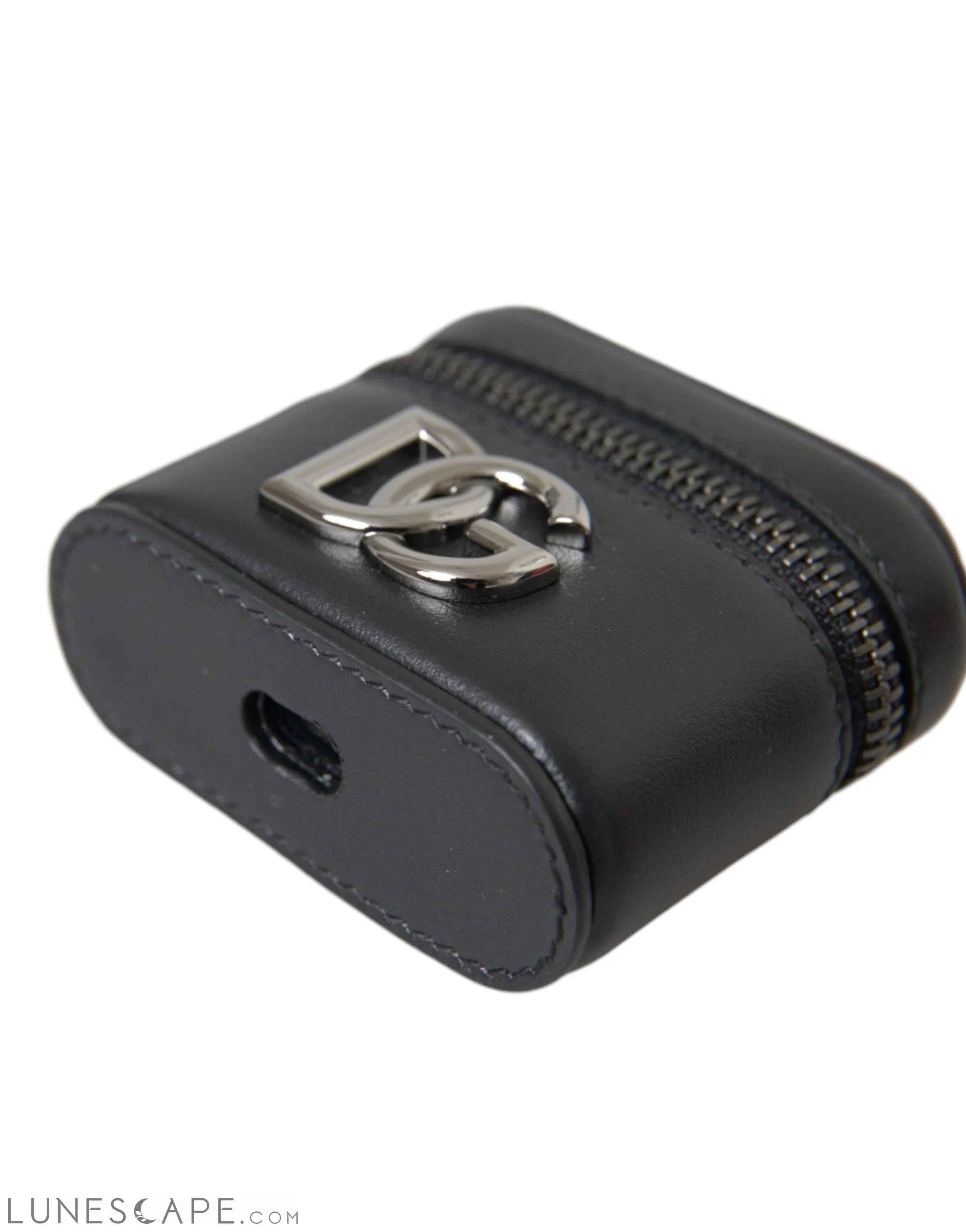 Dolce & Gabbana Black DG Logo Leather Silver Metal Airpods Case LUNESCAPE