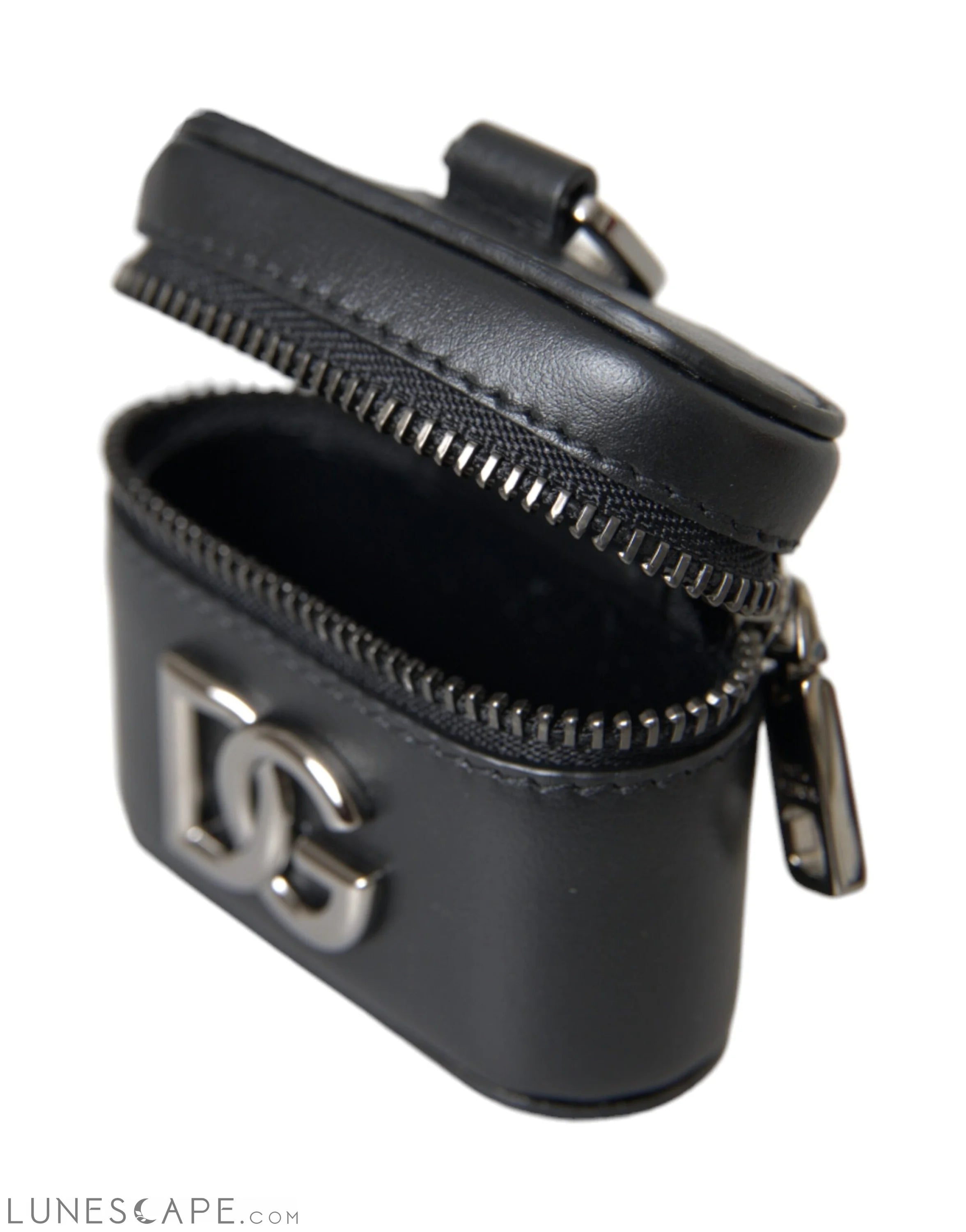 Dolce & Gabbana Black DG Logo Leather Silver Metal Airpods Case LUNESCAPE