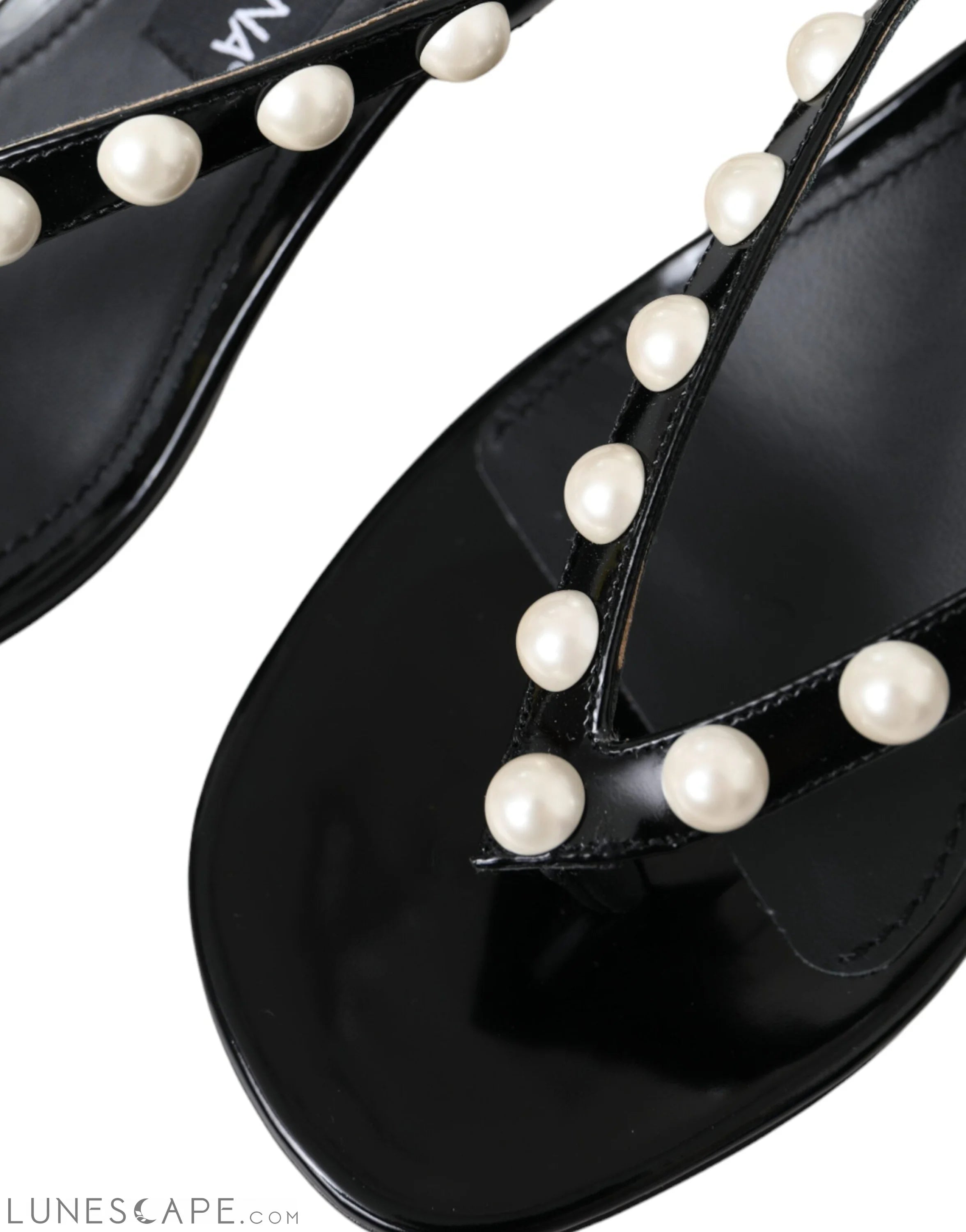 Dolce & Gabbana Black Leather Faux Pearl Heel Sandals Shoes LUNESCAPE