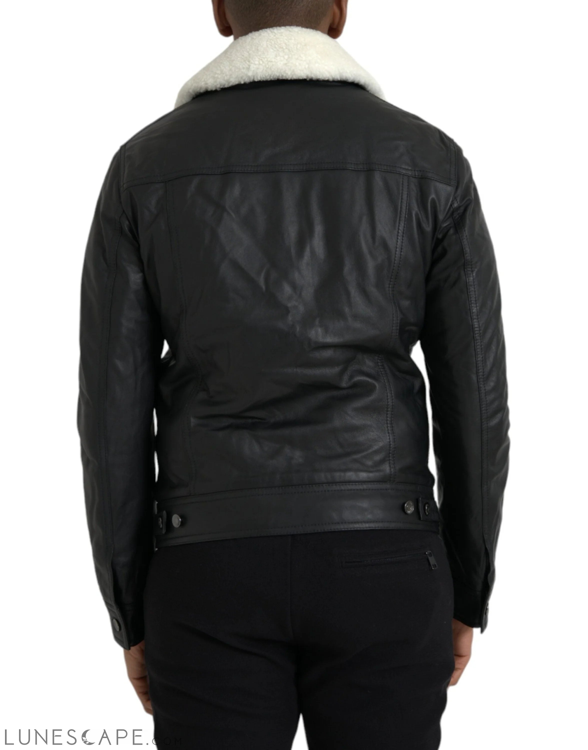 Dolce & Gabbana Black Leather Fur Collar Biker Coat Jacket LUNESCAPE