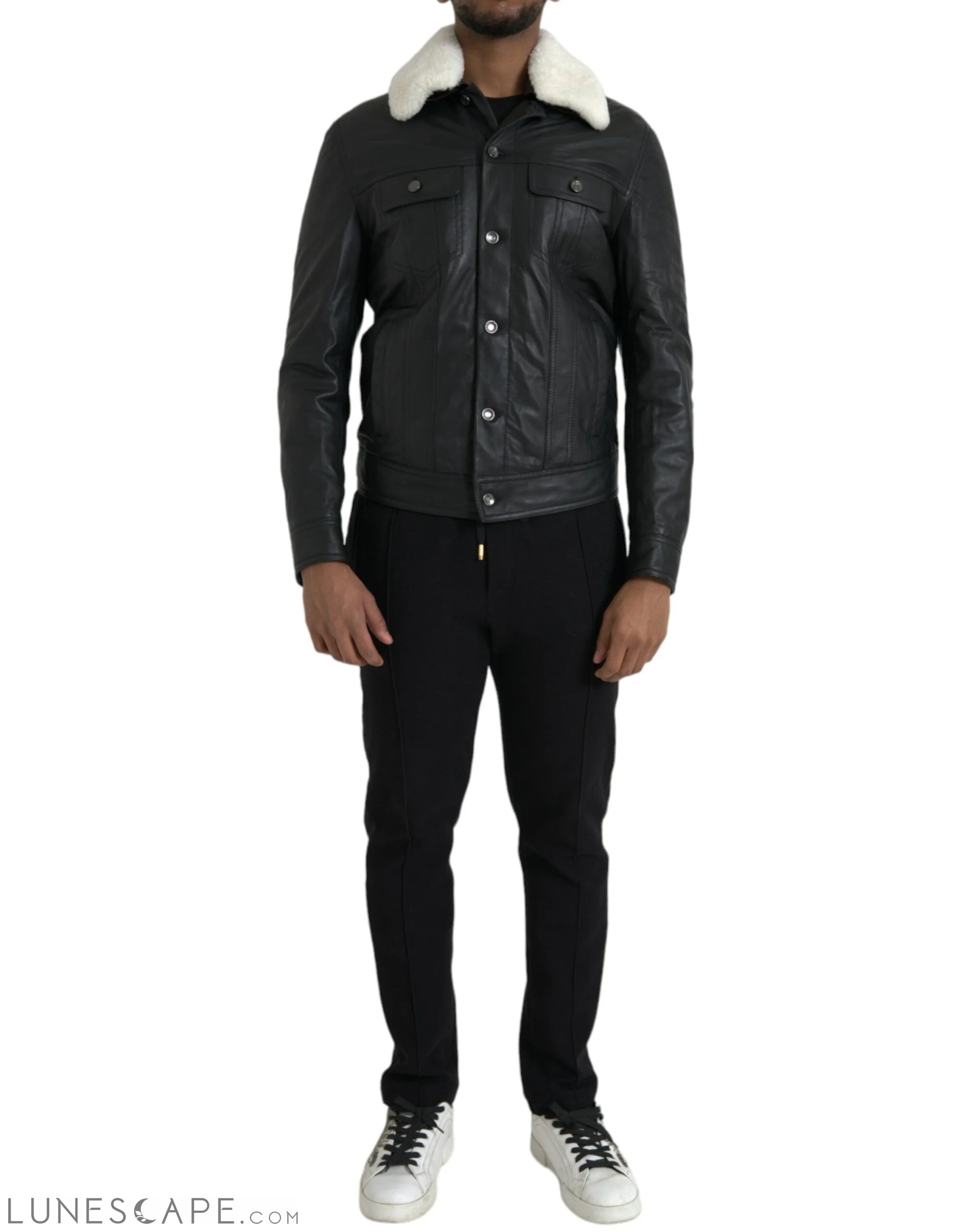 Dolce & Gabbana Black Leather Fur Collar Biker Coat Jacket LUNESCAPE