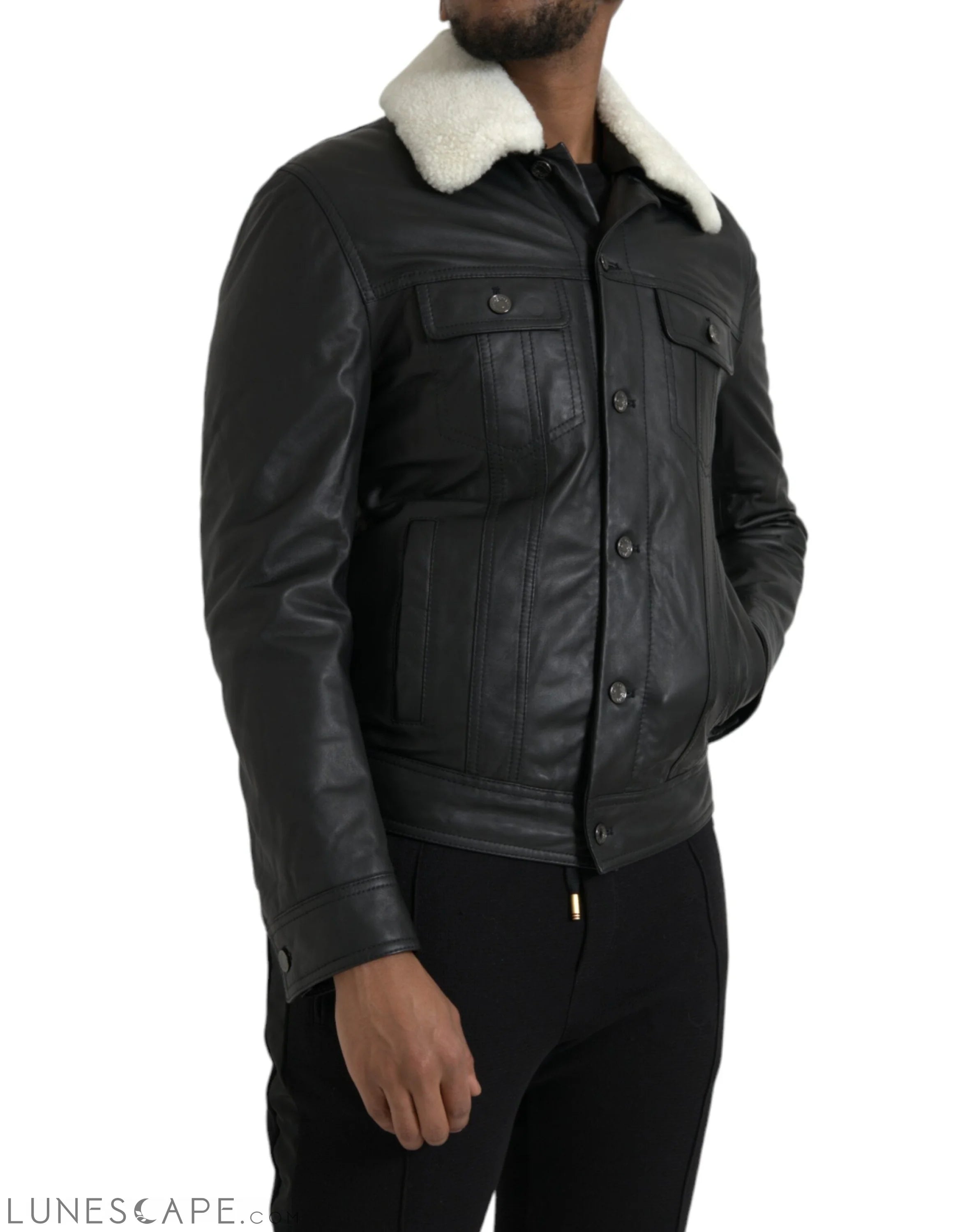 Dolce & Gabbana Black Leather Fur Collar Biker Coat Jacket LUNESCAPE