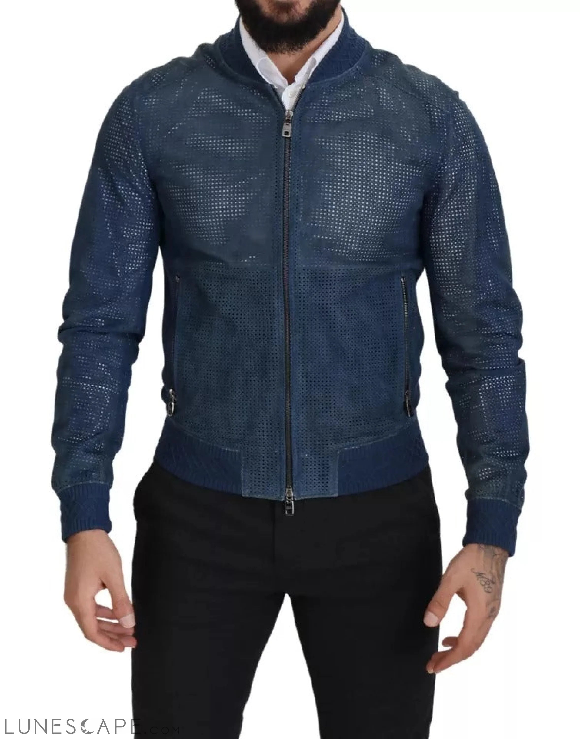 Dolce & Gabbana Blue Leather Perforated Full Zip Jacket LUNESCAPE