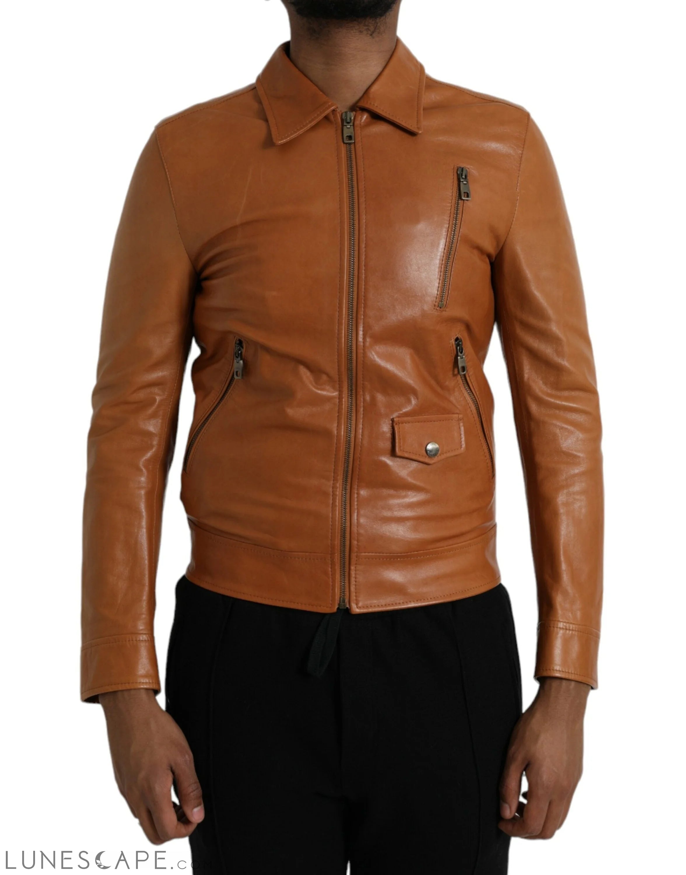 Dolce & Gabbana Brown Lamb Leather Full Zip Blouson Jacket LUNESCAPE