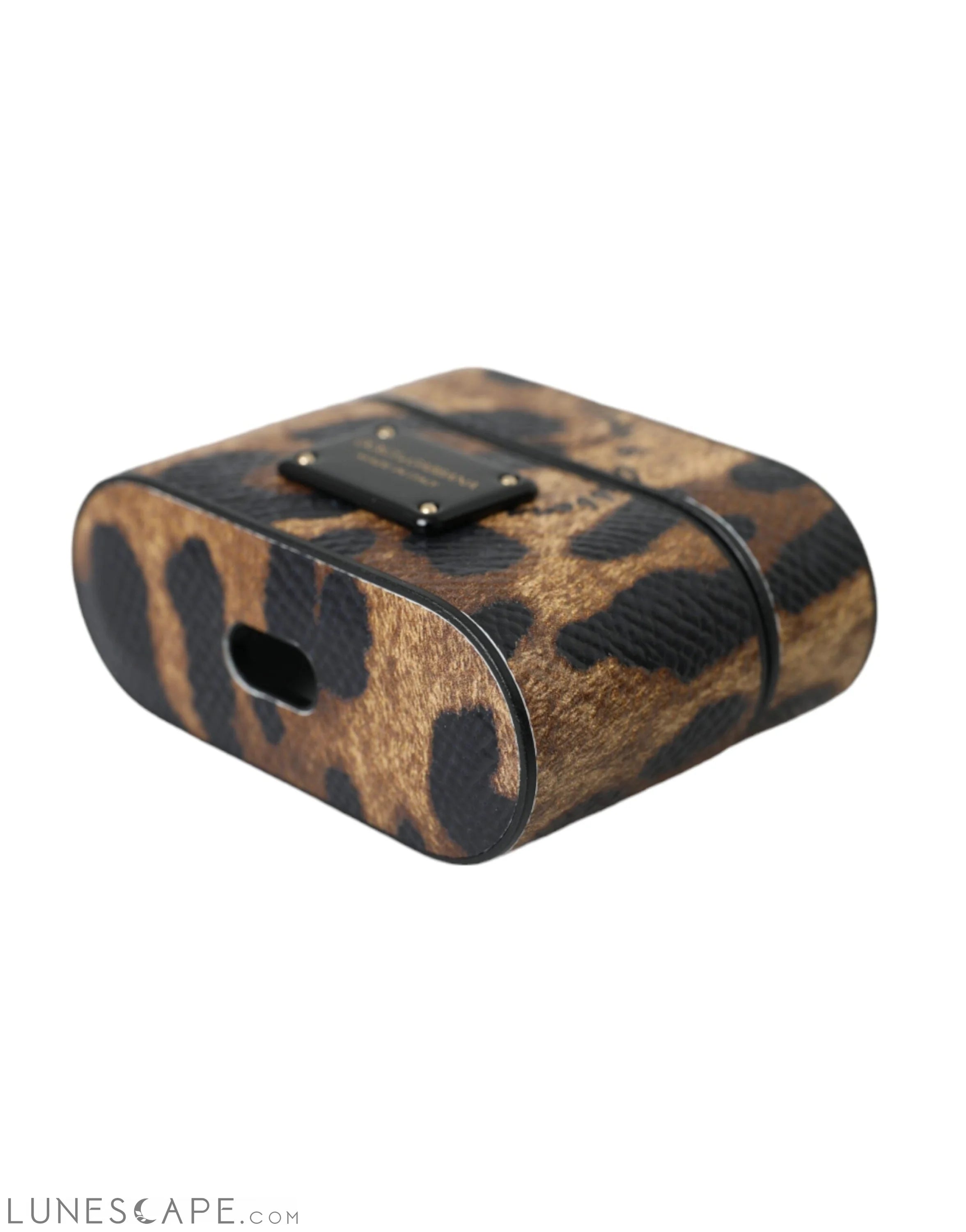 Dolce & Gabbana Brown Leopard Calf Leather Metal Logo Plaque Airpods Case LUNESCAPE