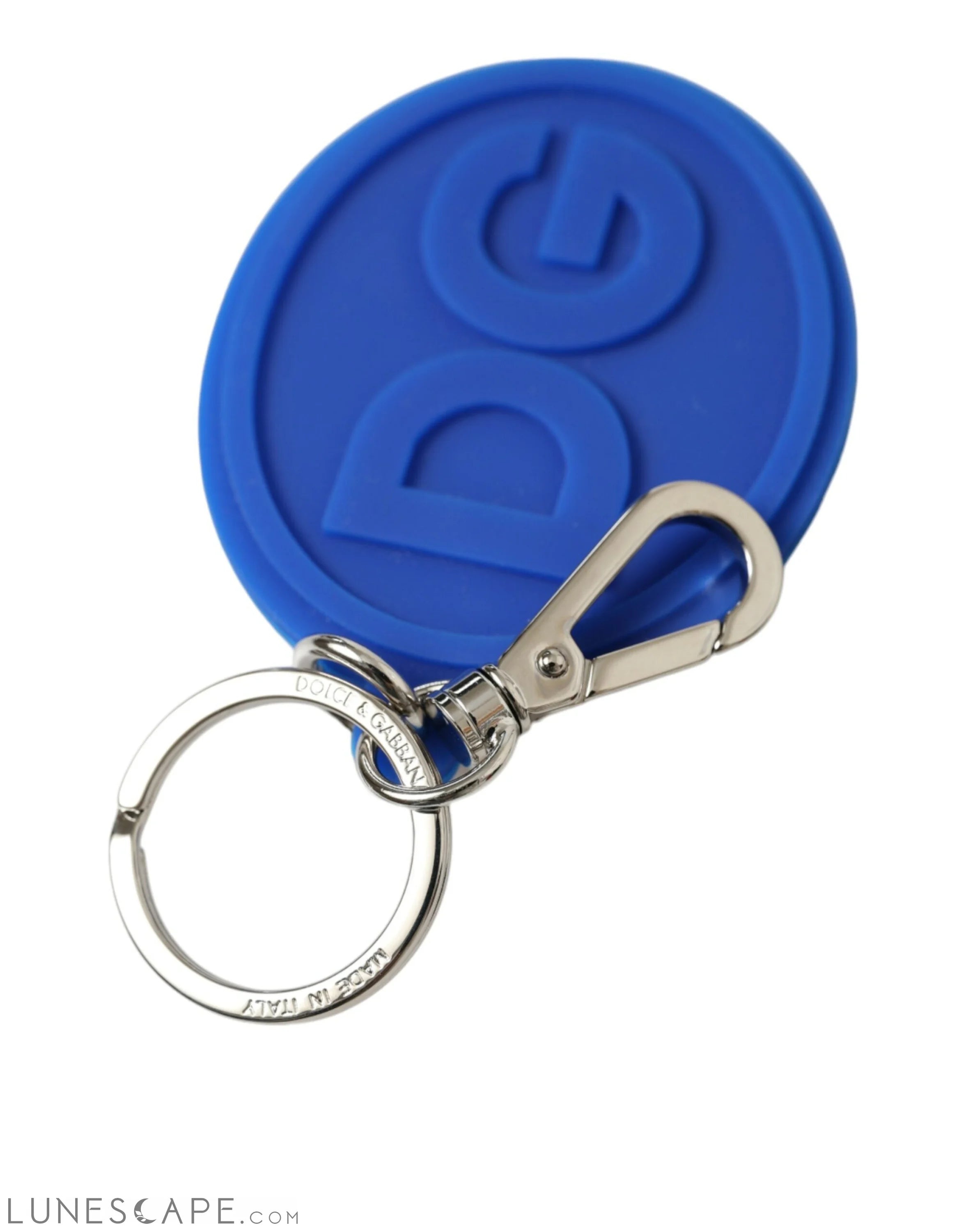Dolce & Gabbana Elegant Blue Rubber Keychain with Brass Accents LUNESCAPE