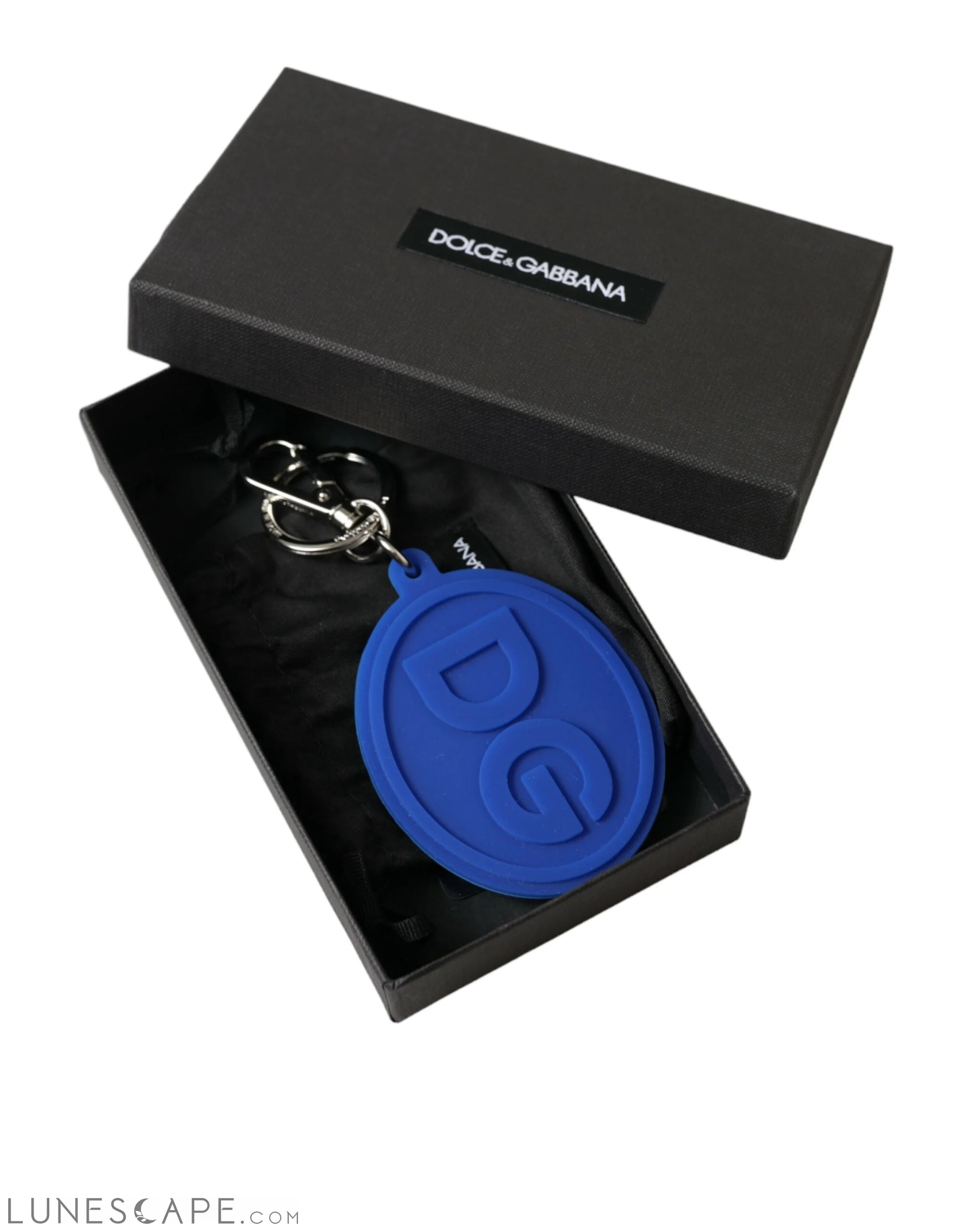 Dolce & Gabbana Elegant Blue Rubber Keychain with Brass Accents LUNESCAPE