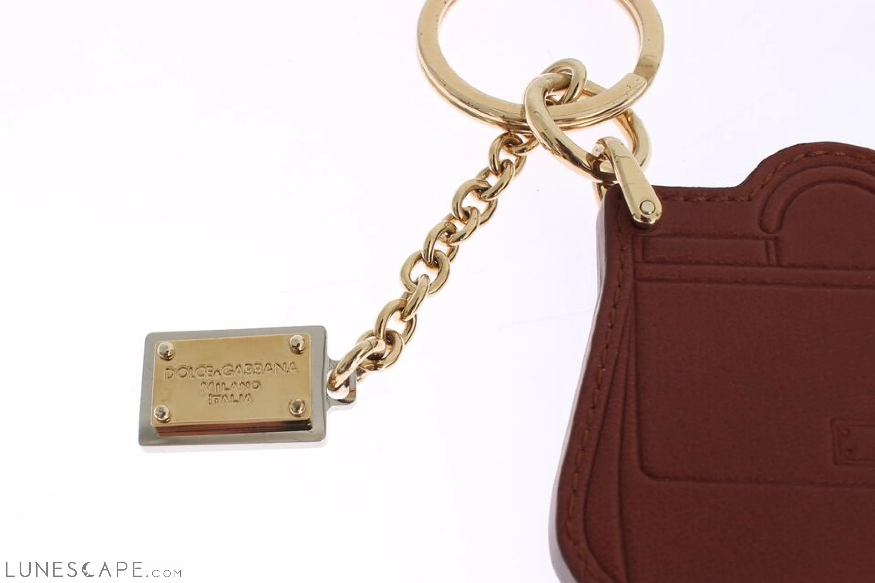 Dolce & Gabbana Elegant Brown Leather Keychain with Gold Detailing LUNESCAPE