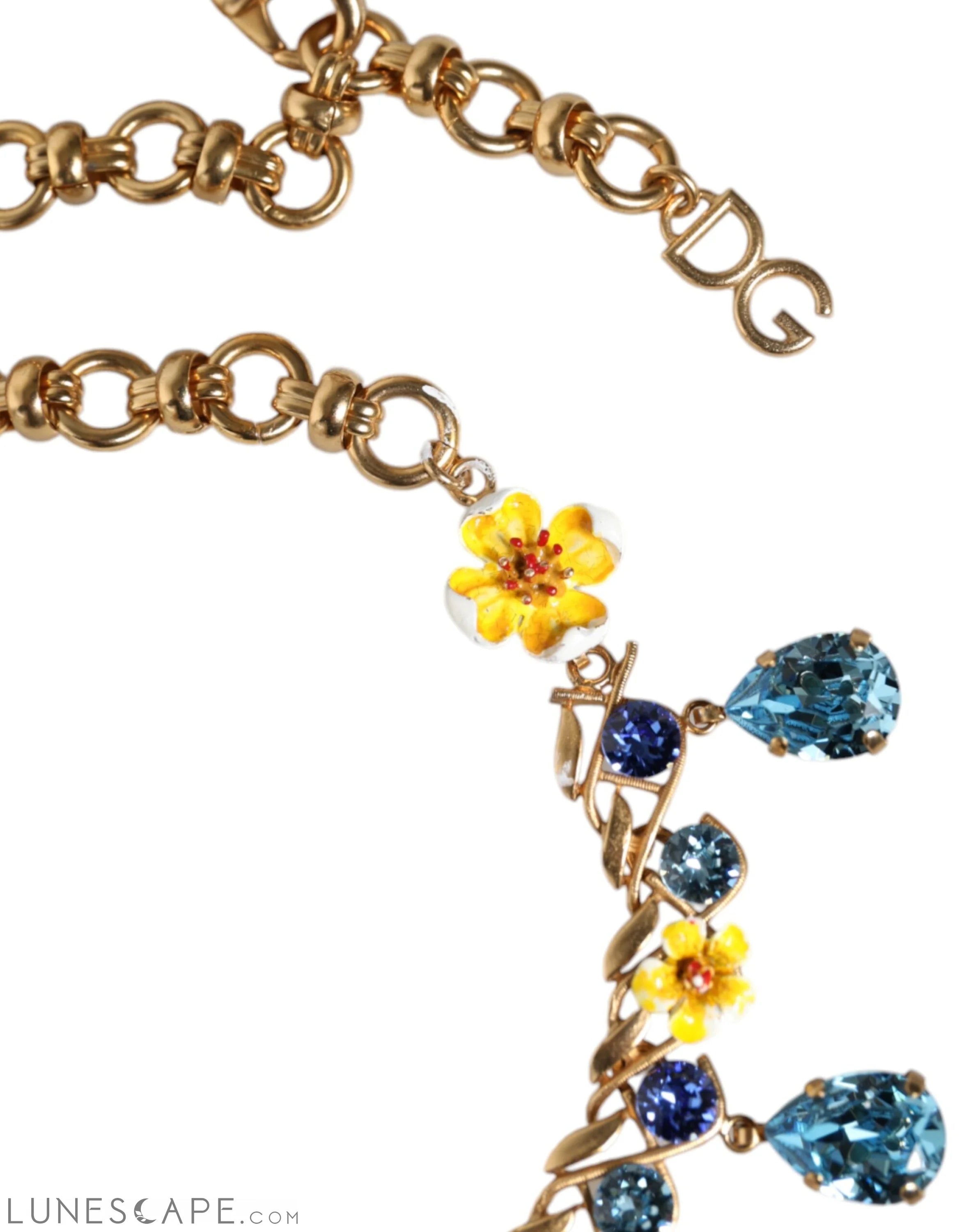 Dolce & Gabbana Gold Brass Chain Floral Crystal Cross Pendant Necklace LUNESCAPE