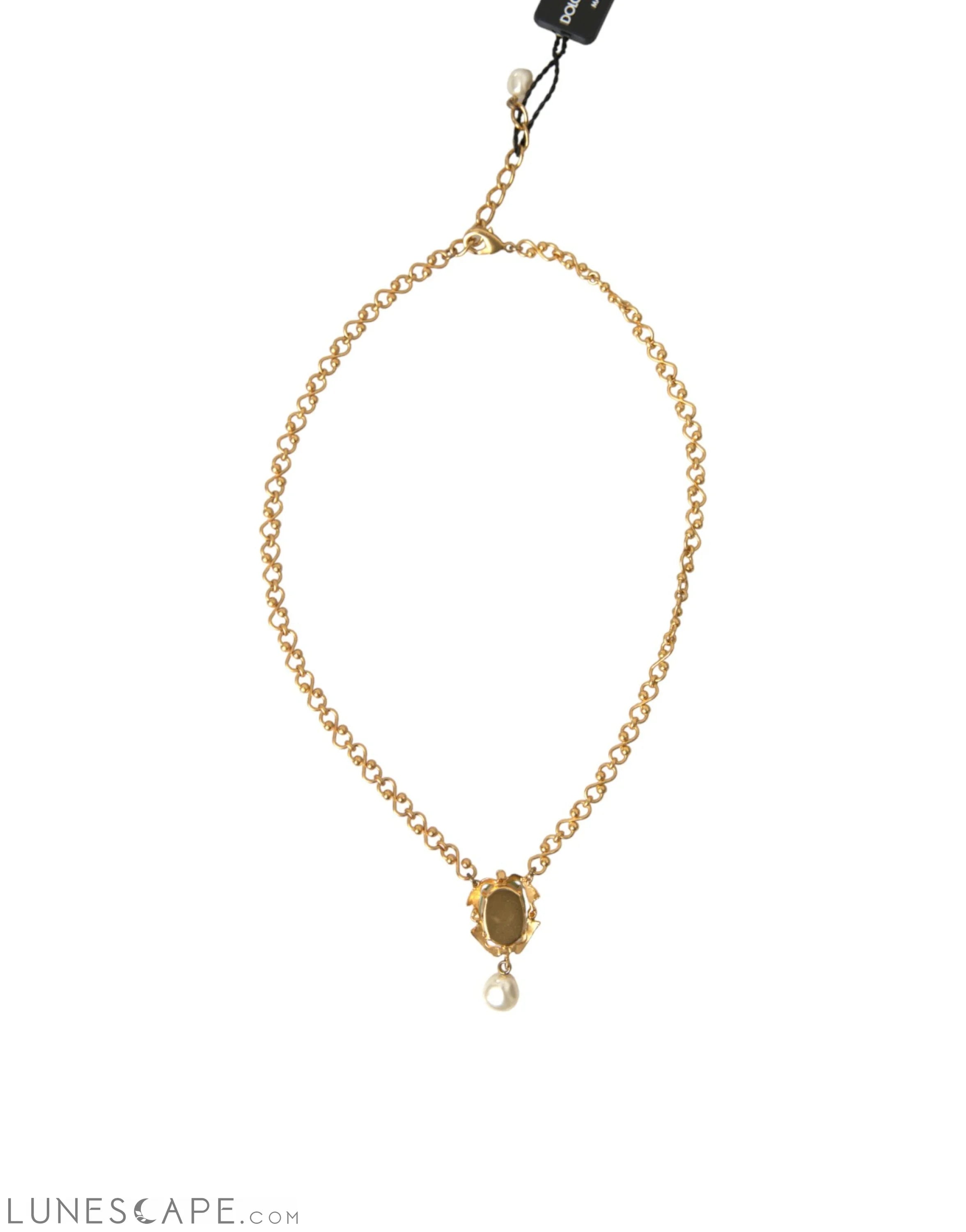 Dolce & Gabbana Gold Brass Chain Pearl Pendant Charm Necklace LUNESCAPE