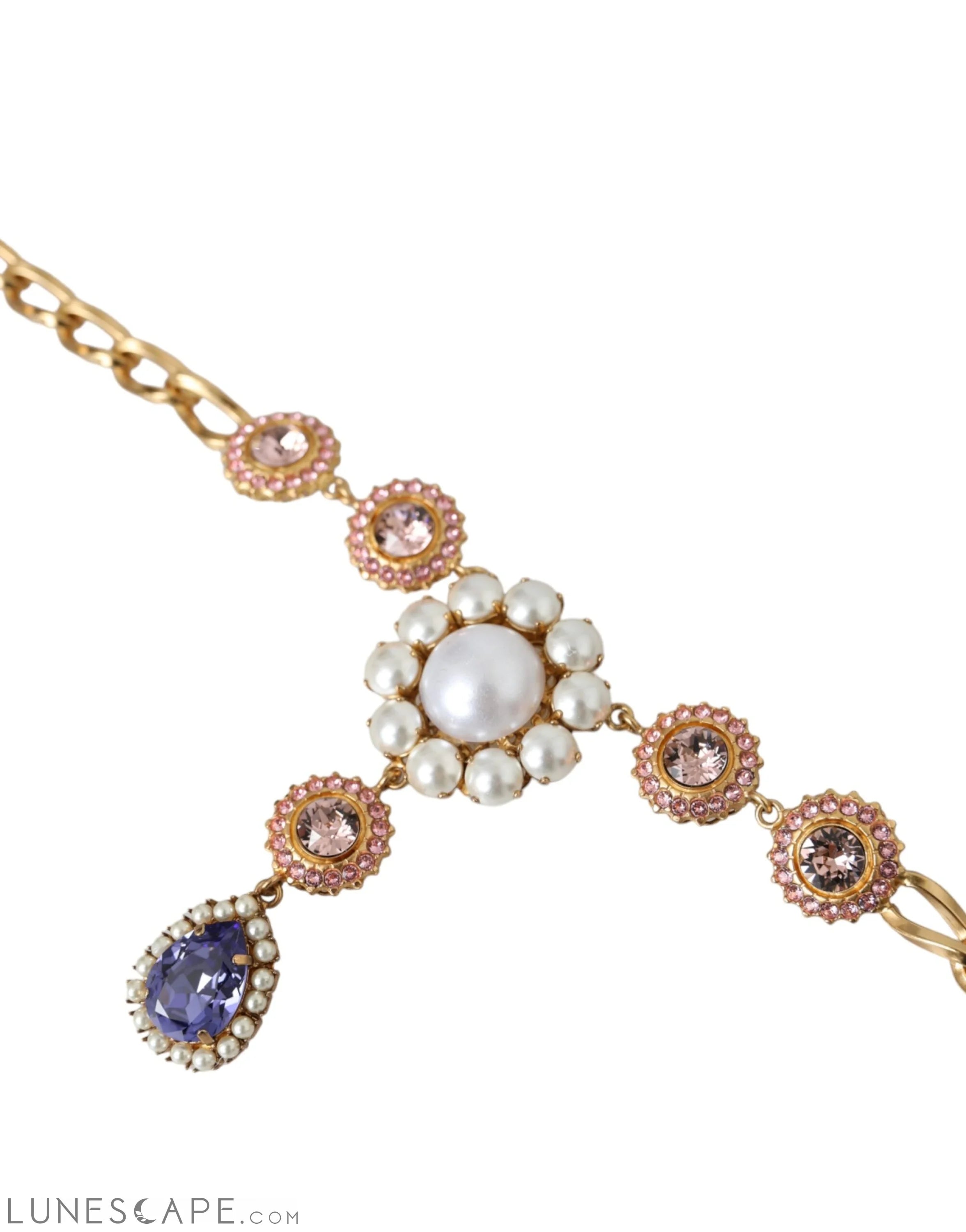 Dolce & Gabbana Gold Brass Crystal Purple Pink Pearl Pendants Necklace LUNESCAPE