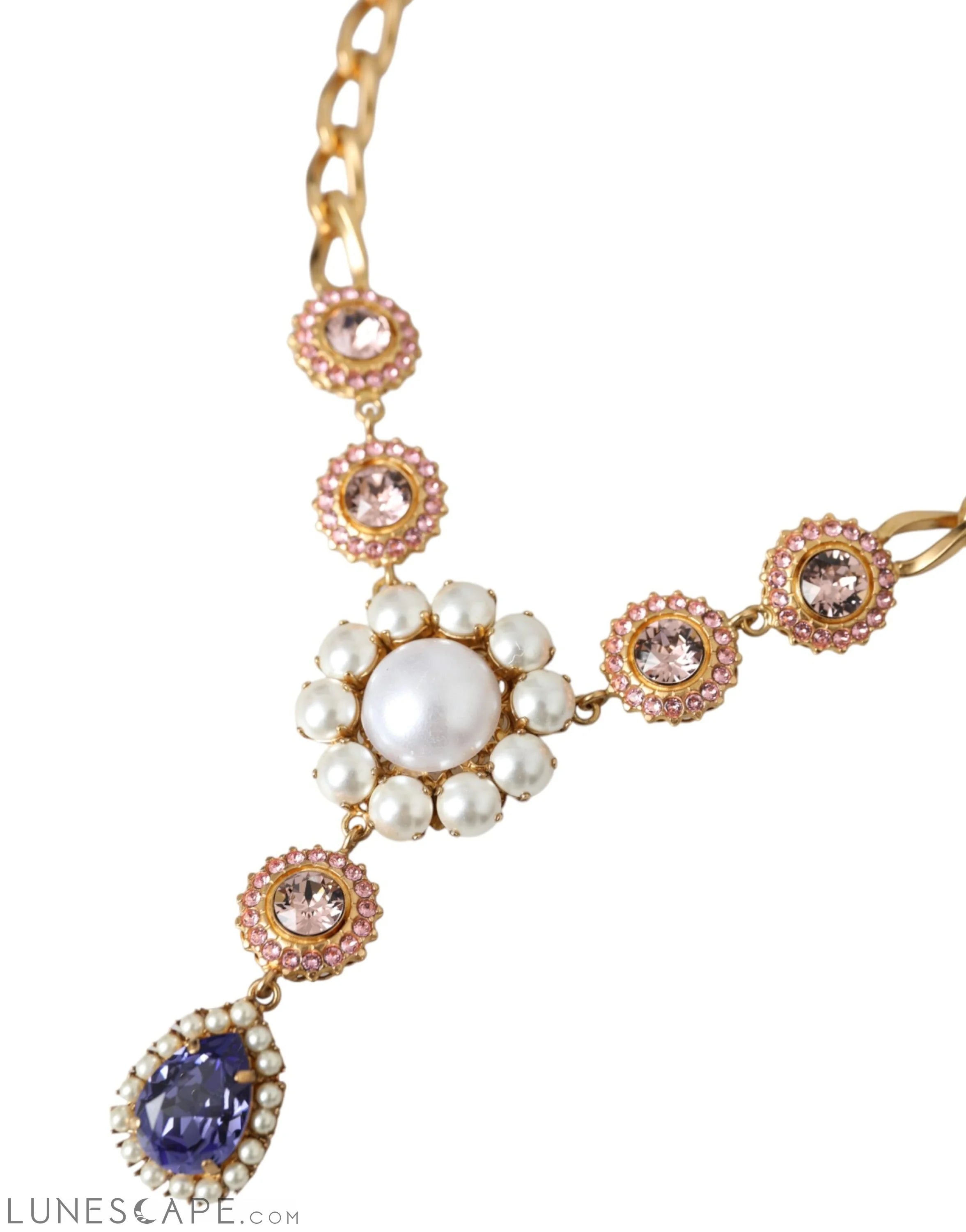 Dolce & Gabbana Gold Brass Crystal Purple Pink Pearl Pendants Necklace LUNESCAPE