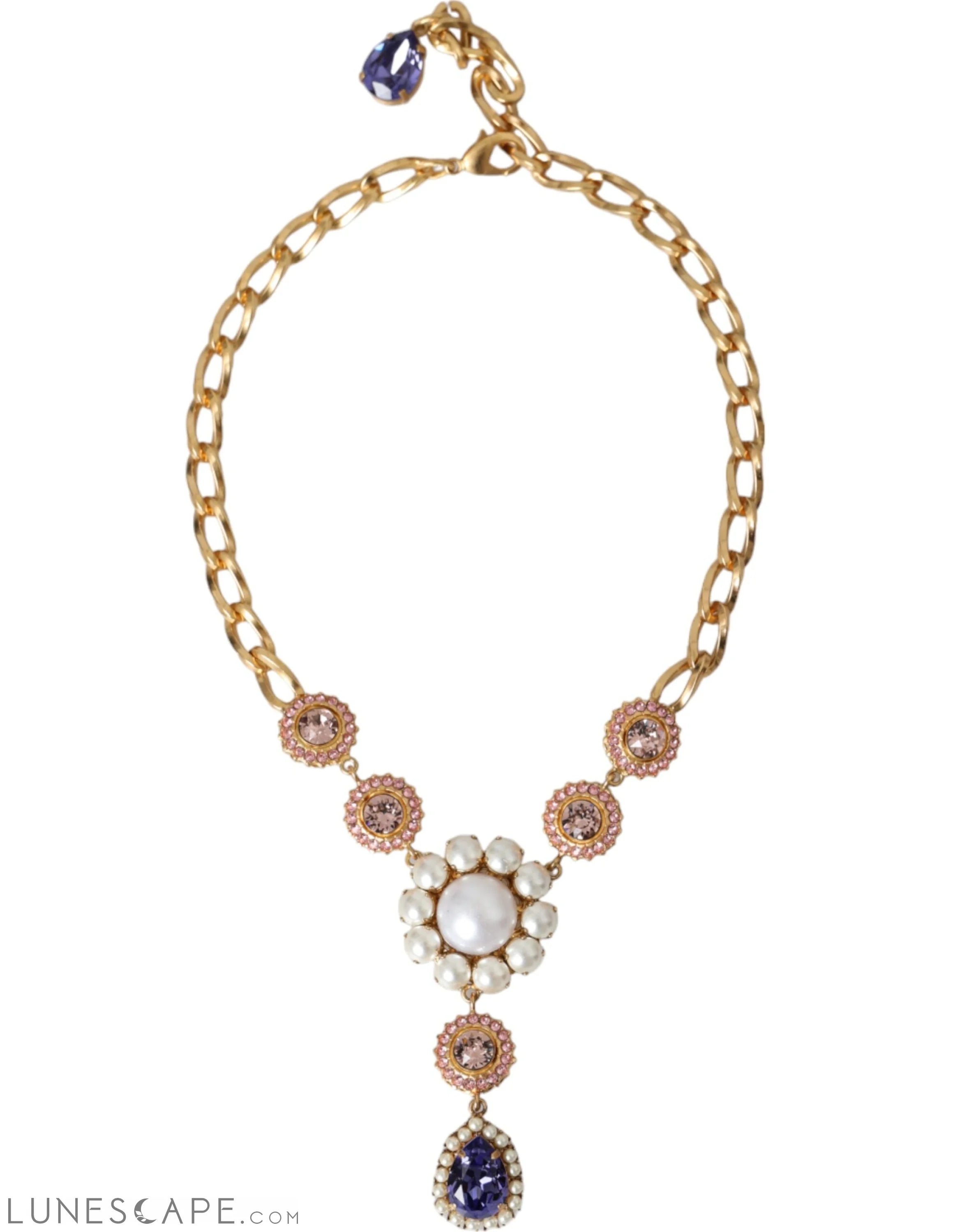 Dolce & Gabbana Gold Brass Crystal Purple Pink Pearl Pendants Necklace LUNESCAPE