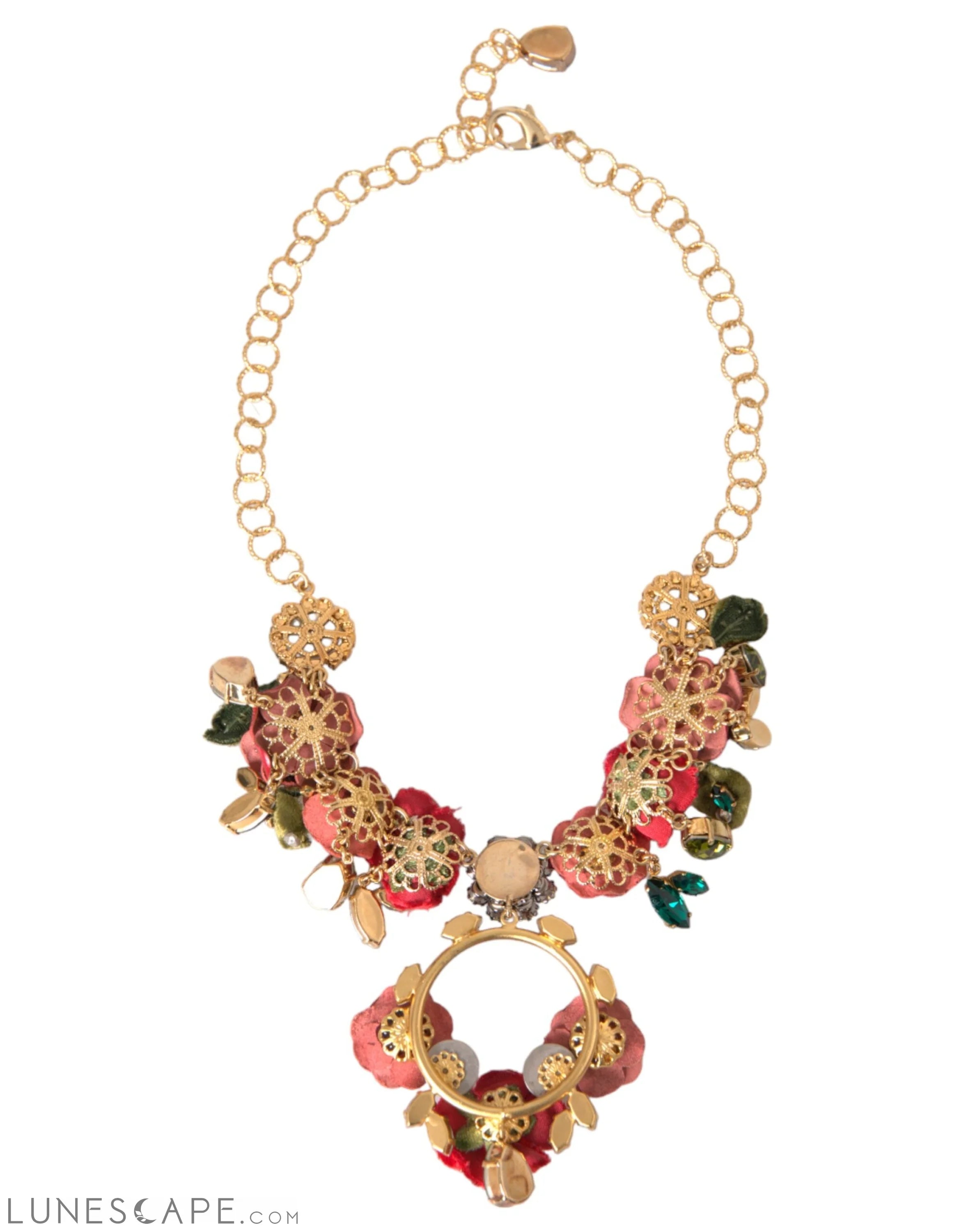 Dolce & Gabbana Gold Brass Link Chain RosePetal Crystal Pendant Necklace LUNESCAPE