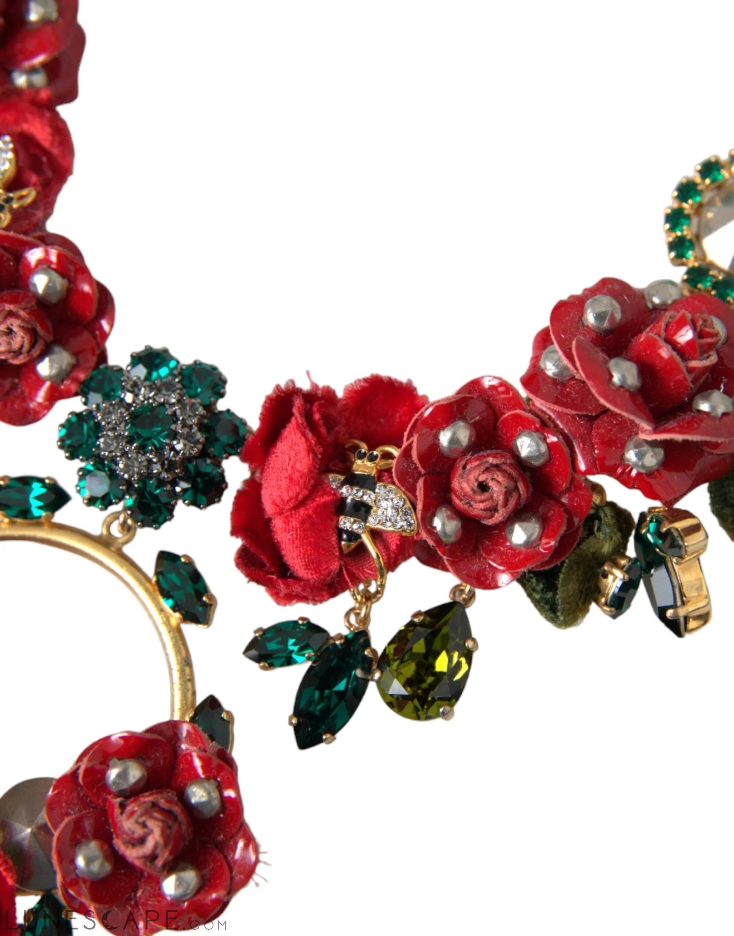 Dolce & Gabbana Gold Brass Link Chain RosePetal Crystal Pendant Necklace LUNESCAPE