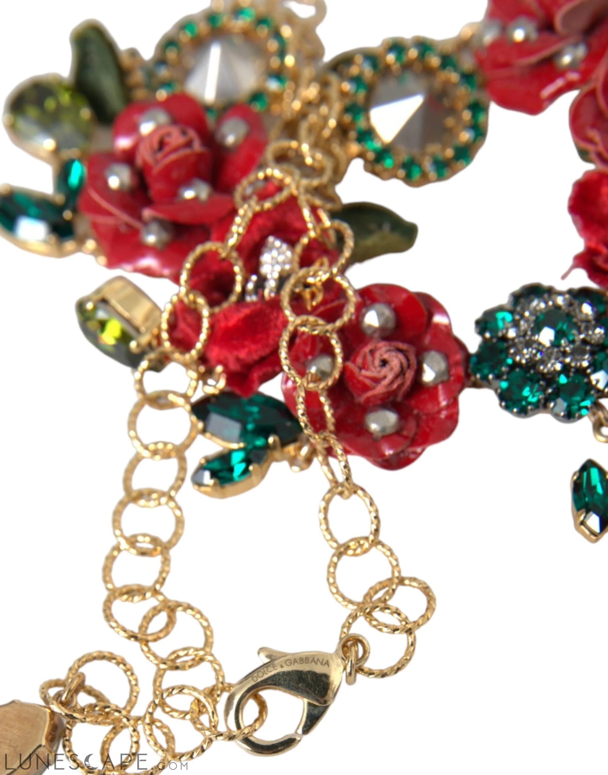 Dolce & Gabbana Gold Brass Link Chain RosePetal Crystal Pendant Necklace LUNESCAPE