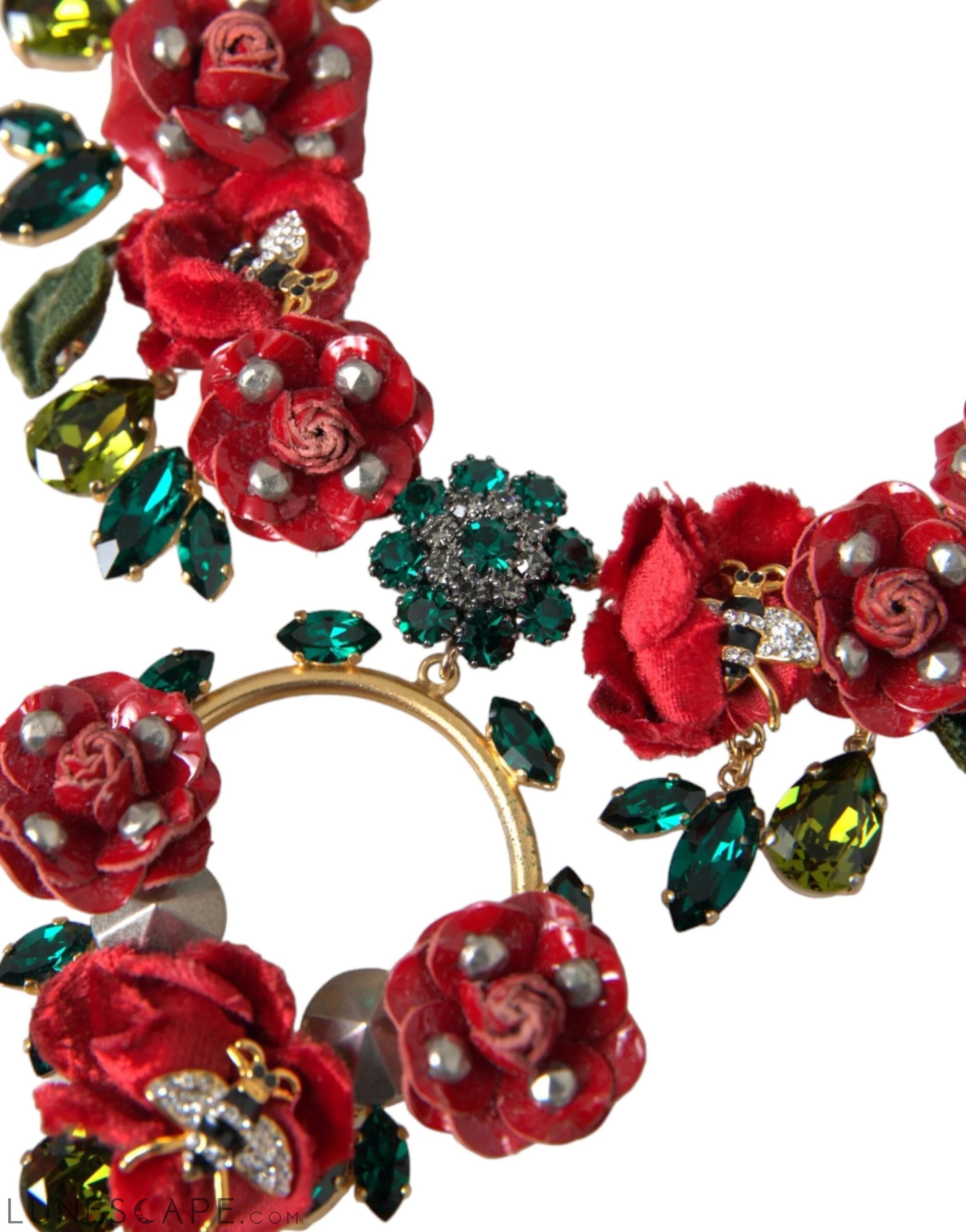 Dolce & Gabbana Gold Brass Link Chain RosePetal Crystal Pendant Necklace LUNESCAPE
