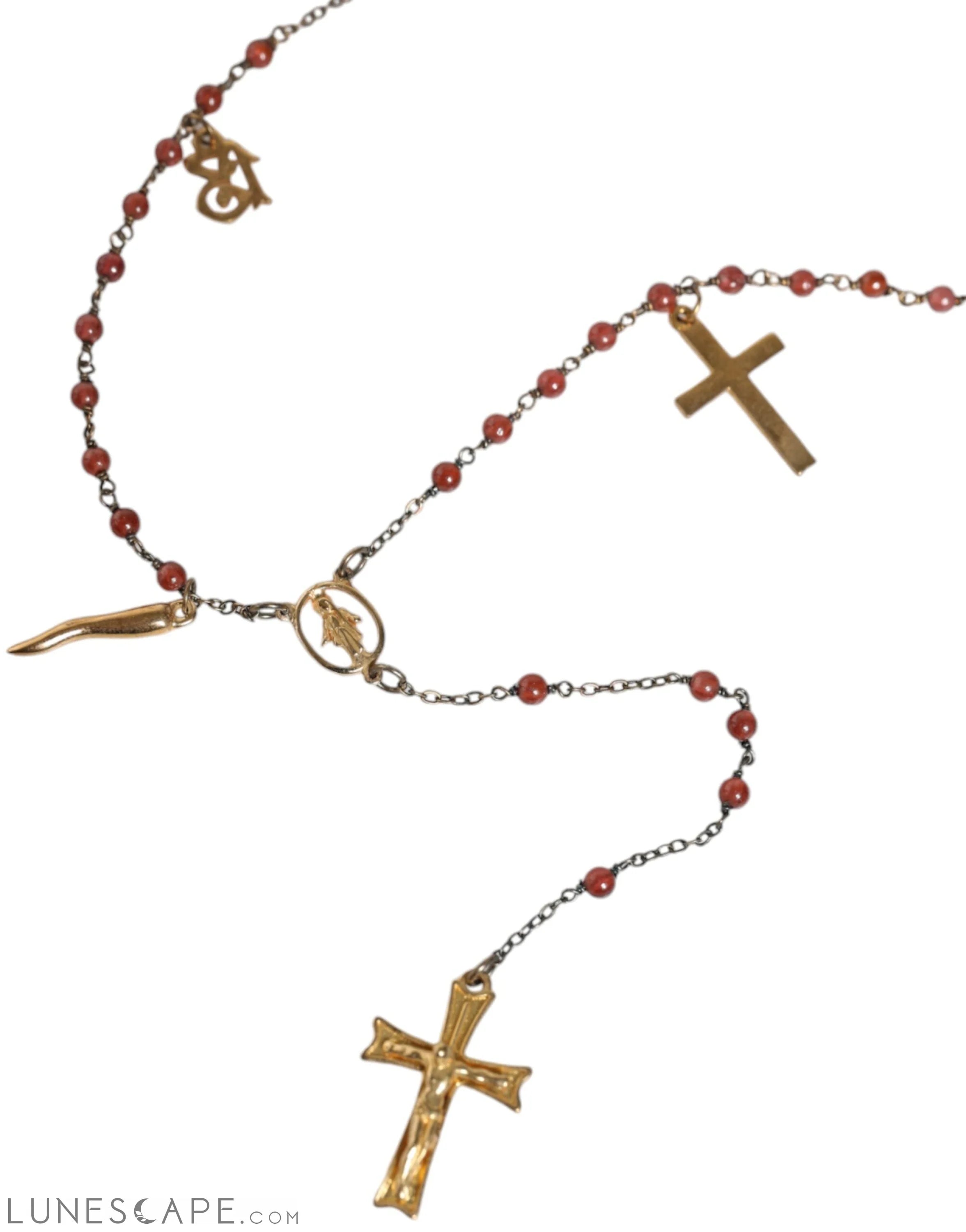 Dolce & Gabbana Gold Chain Brass Beaded Rosary Cross Pendant Necklace LUNESCAPE