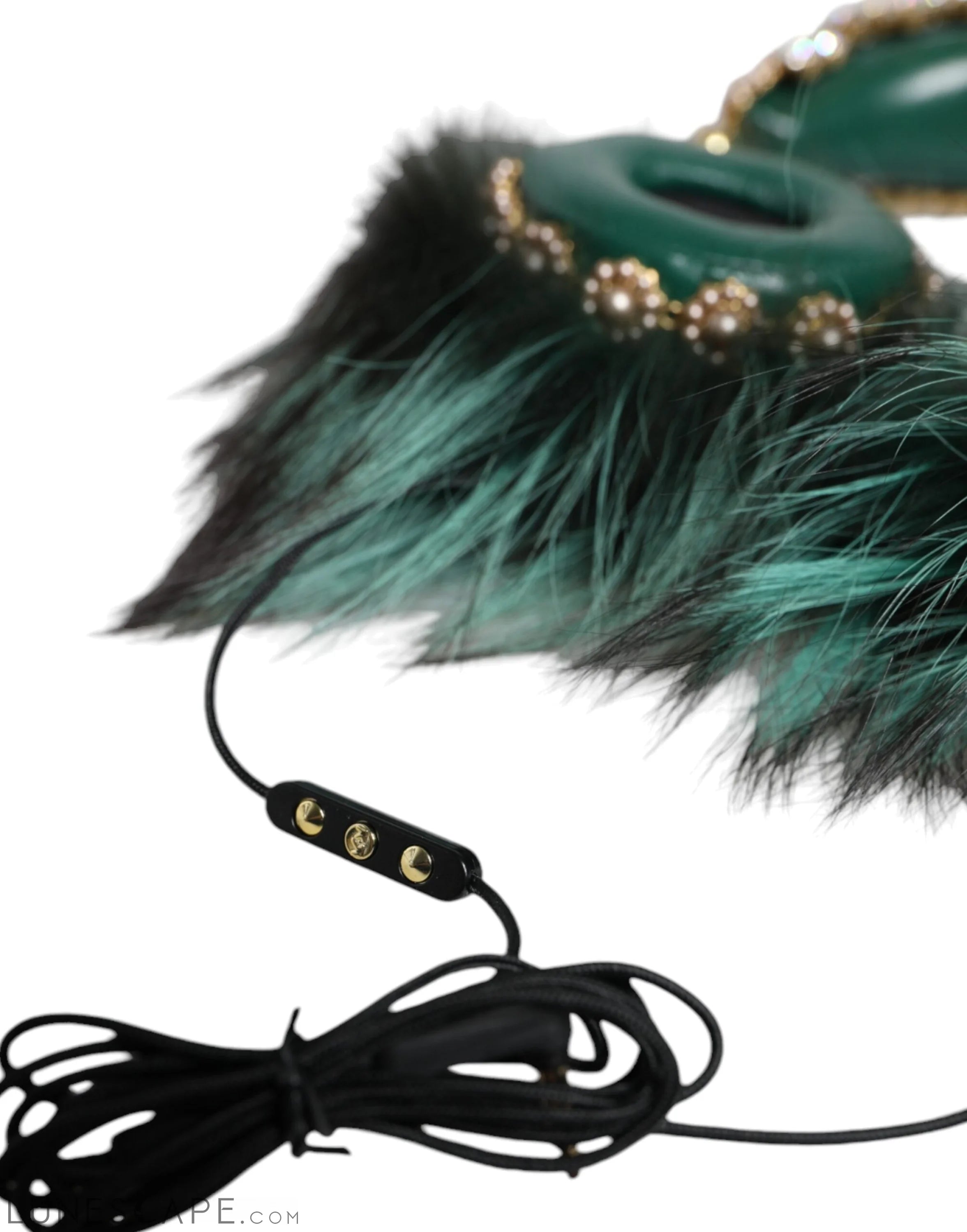 Dolce & Gabbana Green Gold Crystal Fur Headset Audio AUX Headphones LUNESCAPE