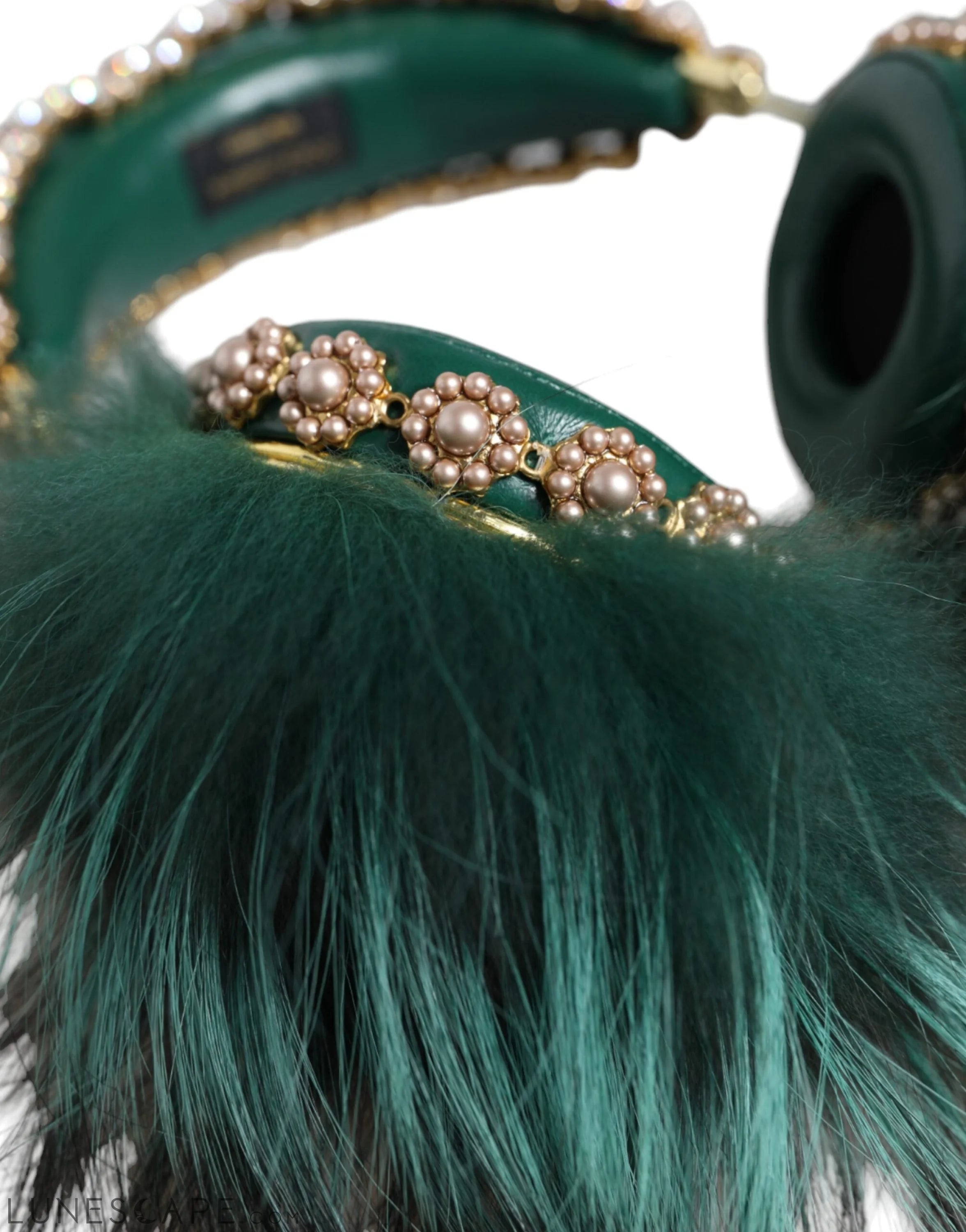 Dolce & Gabbana Green Gold Crystal Fur Headset Audio AUX Headphones LUNESCAPE