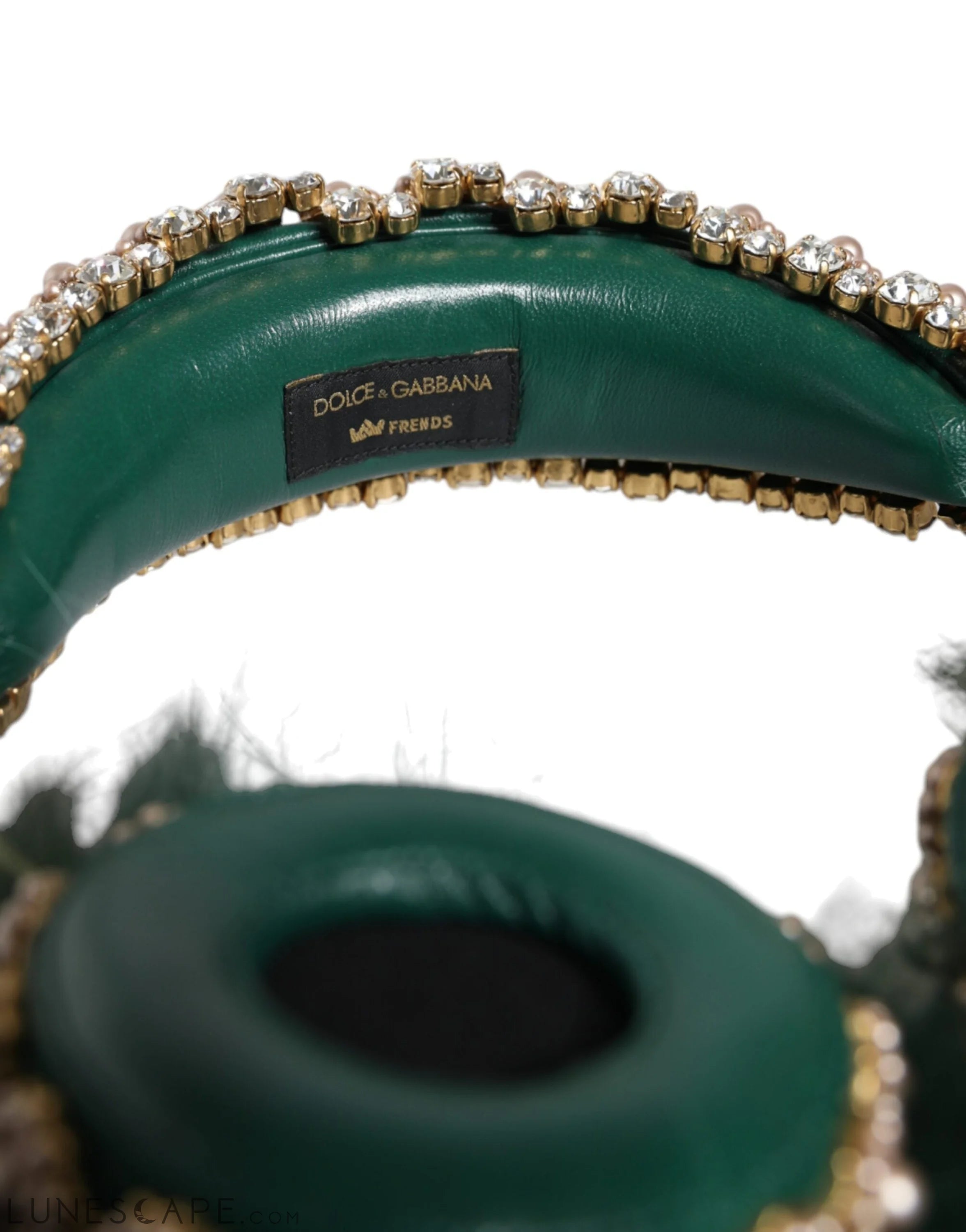 Dolce & Gabbana Green Gold Crystal Fur Headset Audio AUX Headphones LUNESCAPE
