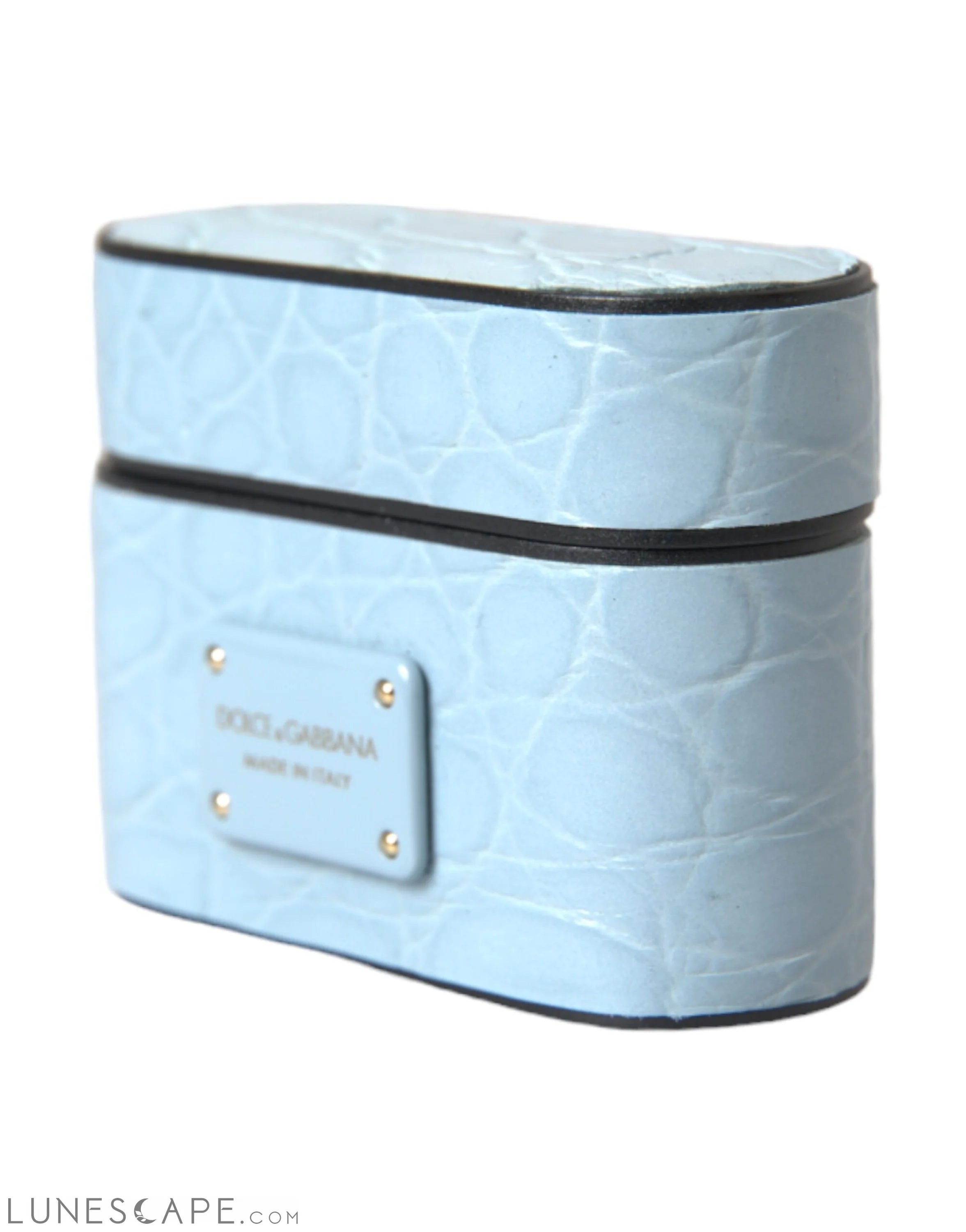 Dolce & Gabbana Light Blue Leather Metal Logo Plaque Airpods Case LUNESCAPE