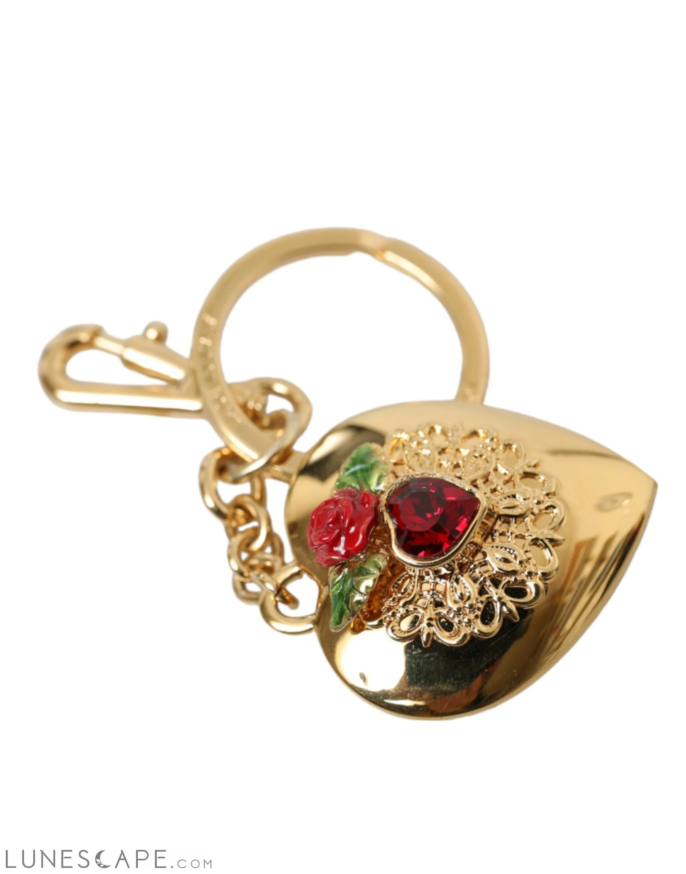 Dolce & Gabbana Metallic Gold Brass Heart Floral Pendant Keychain Keyring LUNESCAPE