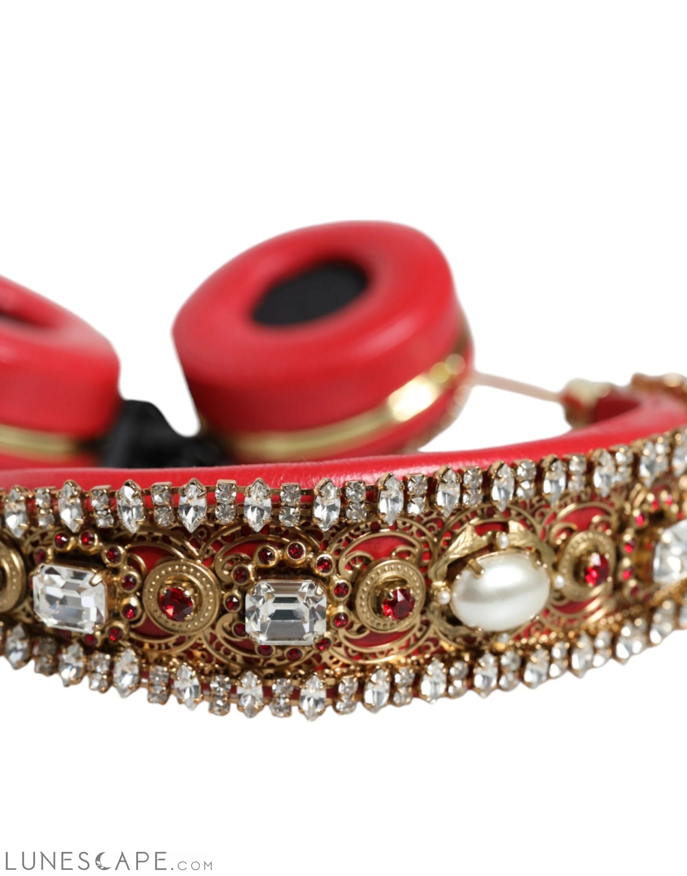 Dolce & Gabbana Red Nappa Leather Floral Crystal Headphone LUNESCAPE
