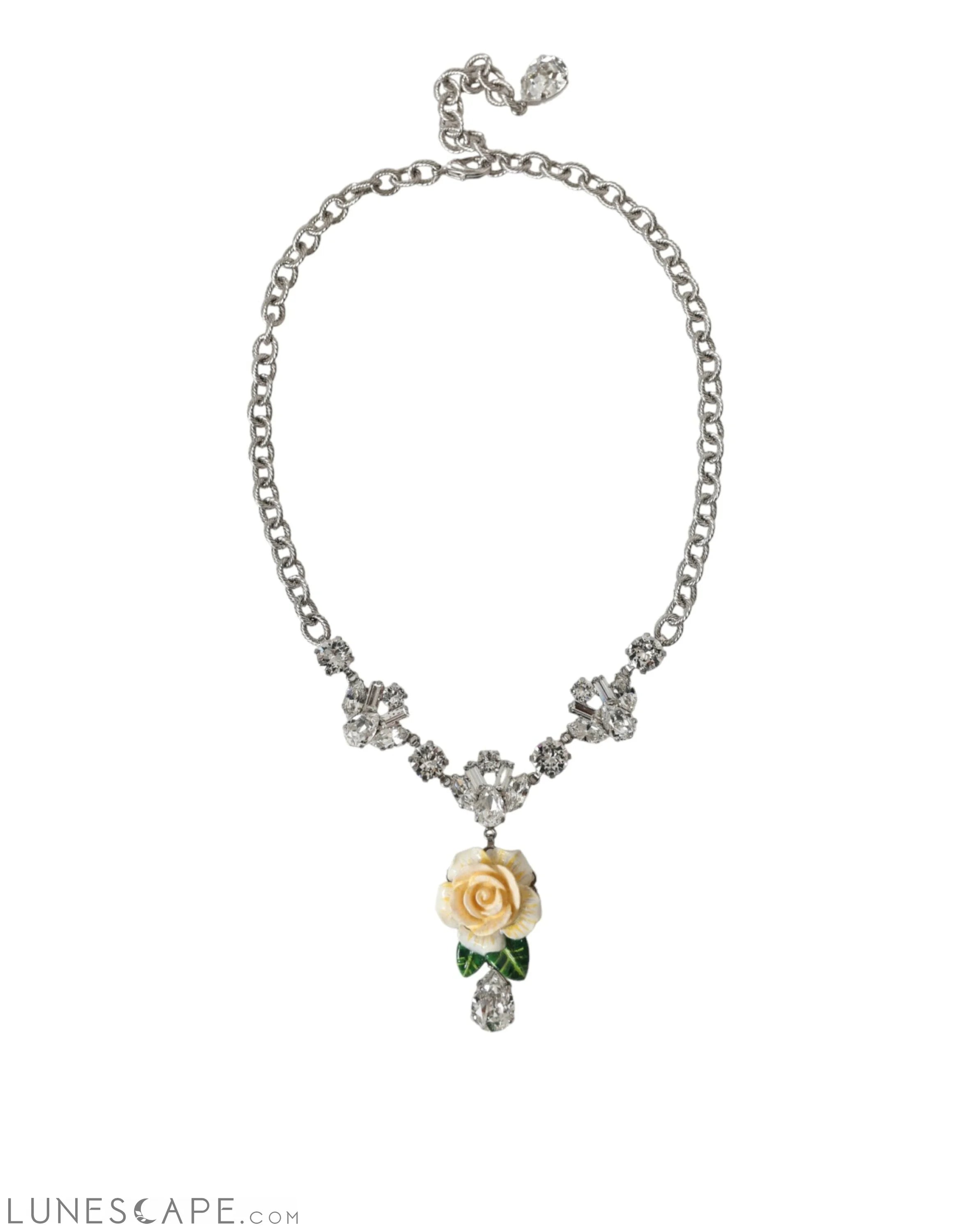 Dolce & Gabbana Silver Brass Clear Crystal Roses Pendants Necklace LUNESCAPE