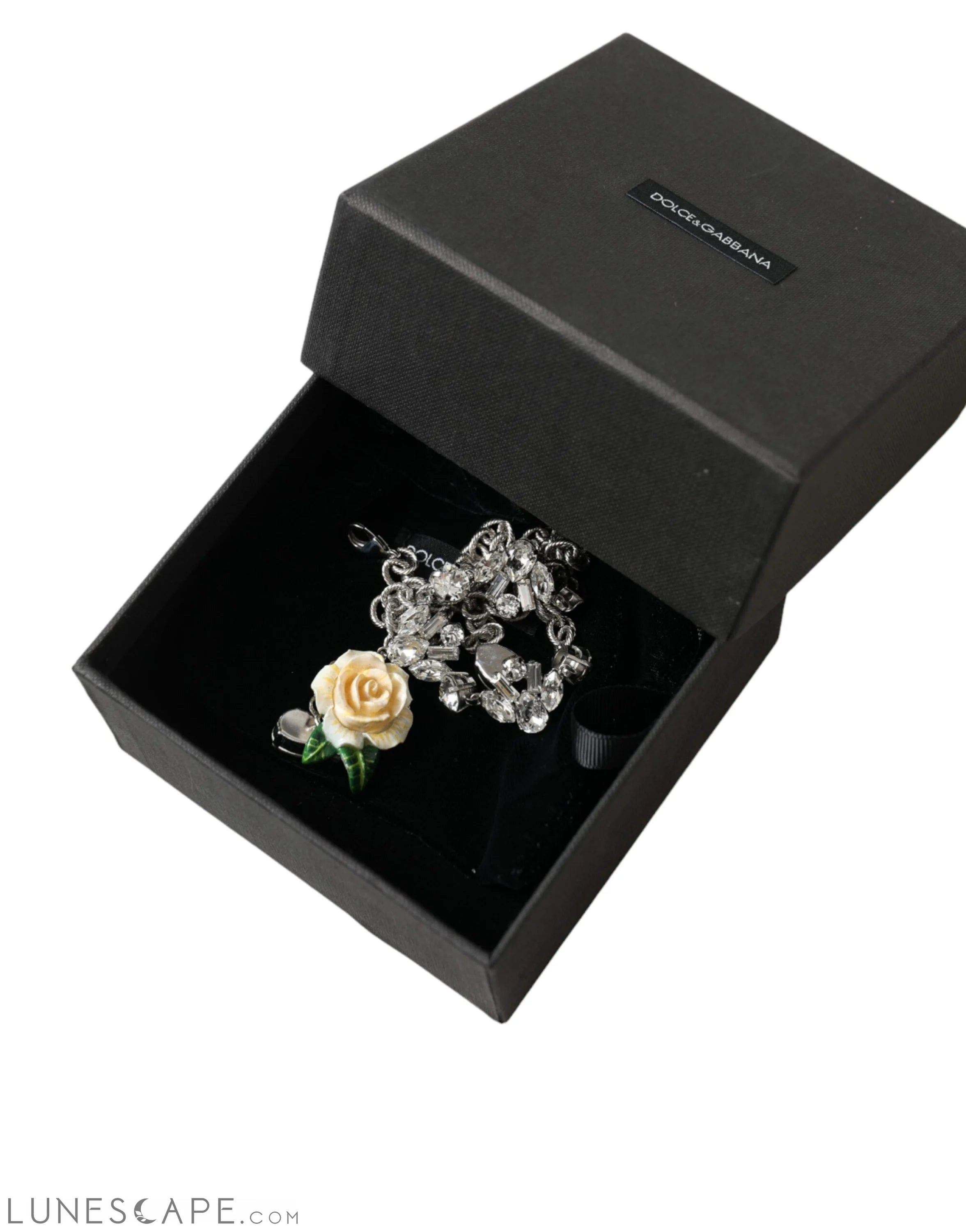 Dolce & Gabbana Silver Brass Clear Crystal Roses Pendants Necklace LUNESCAPE